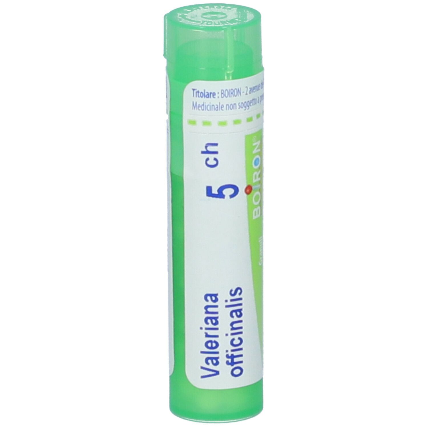 Contenitore cilindrico verde. Scritta: Valeriana officinalis, 5 ch, BOIRON. Con coperchio verde.