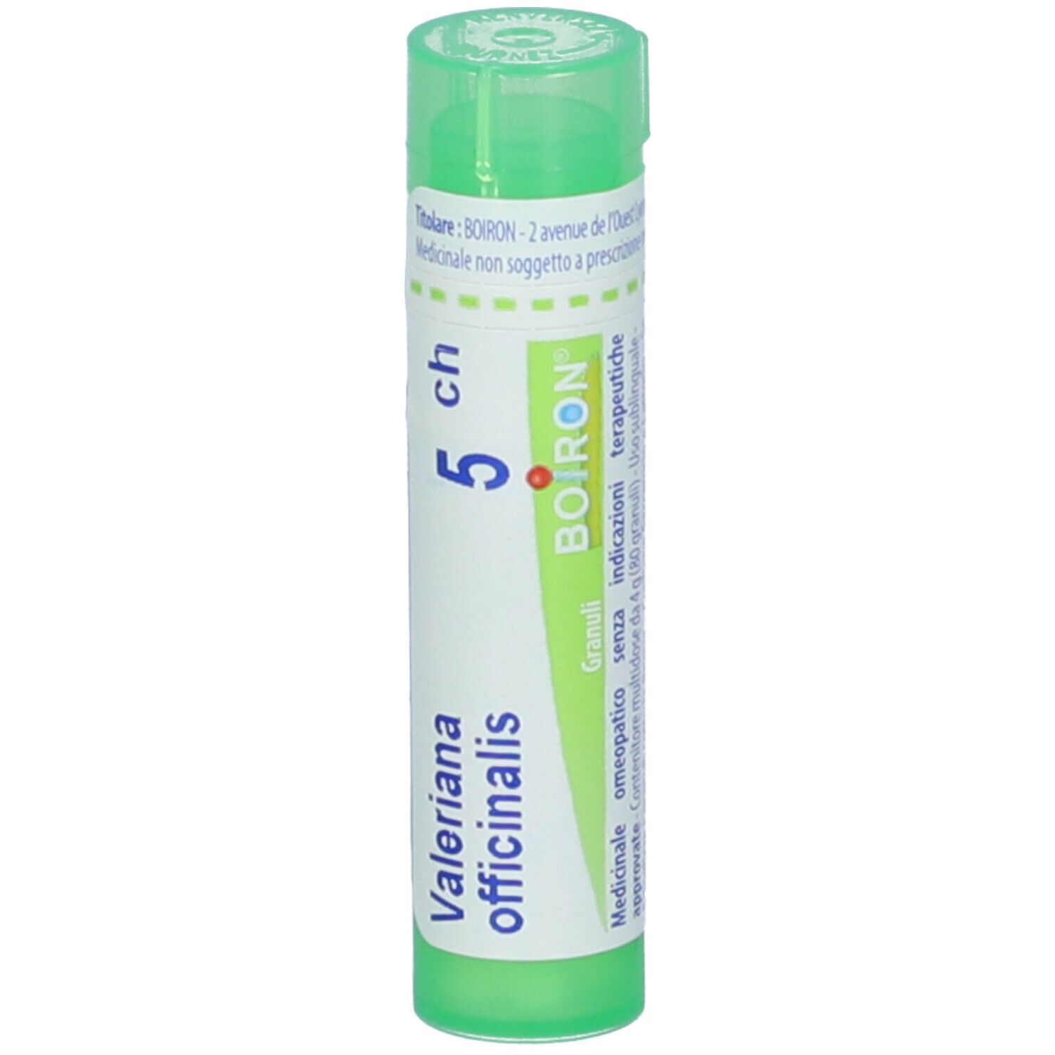 Contenitore cilindrico verde. Scritta: Valeriana officinalis, 5 ch, BOIRON. Con coperchio verde.