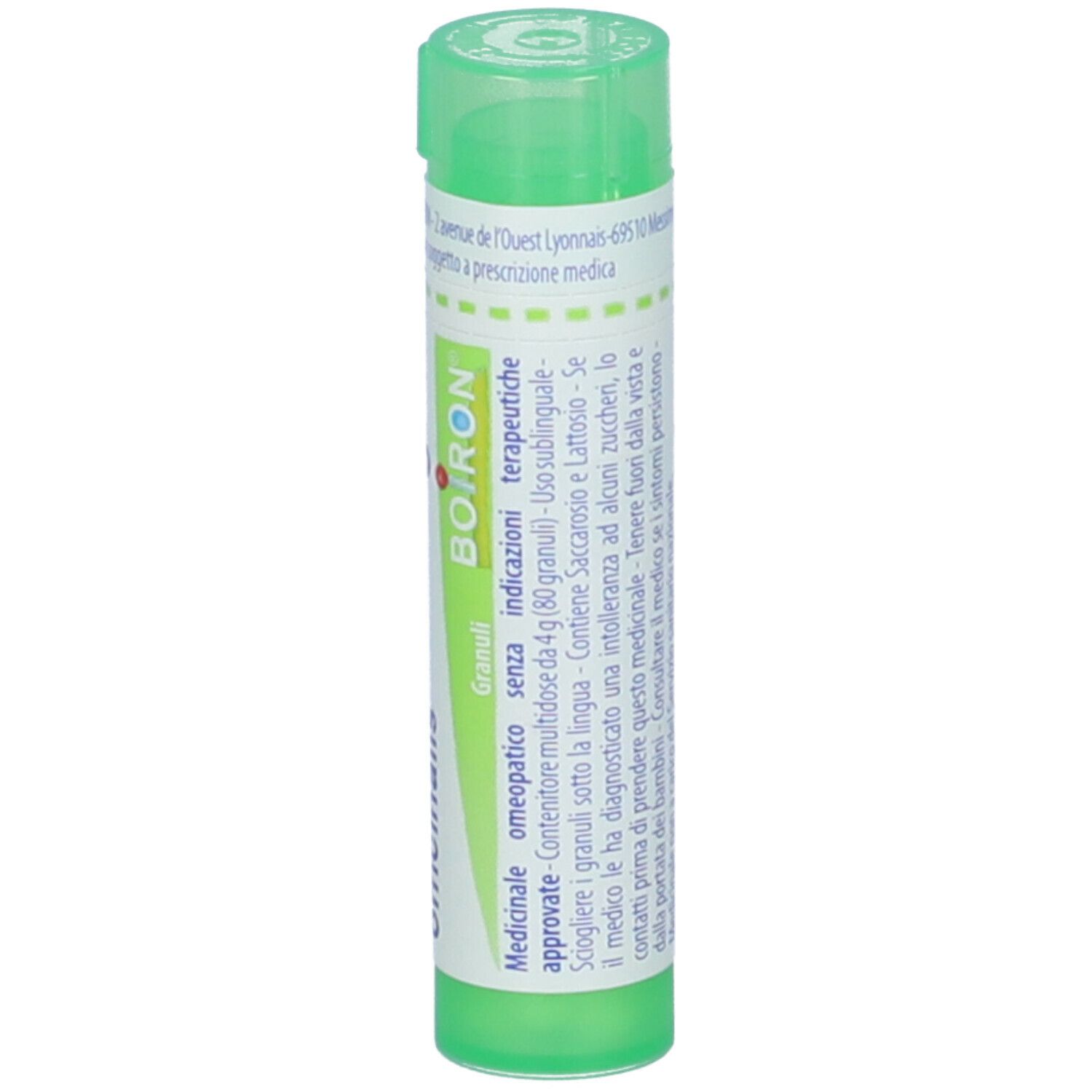 Contenitore cilindrico verde. Scritta: Granuli, BOIRON. Con coperchio verde.