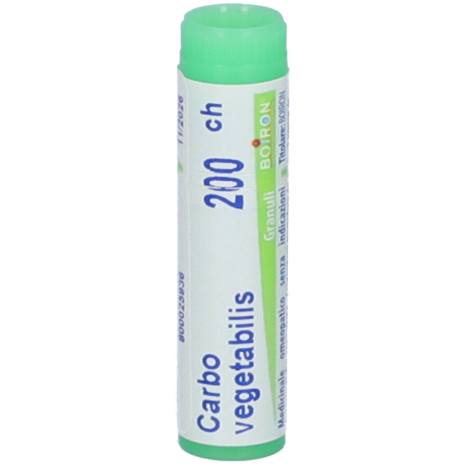 Confezione cilindrica, tappo verde. Scritta: Carbo vegetabilis, 200 ch, BOIRON, Granuli.
