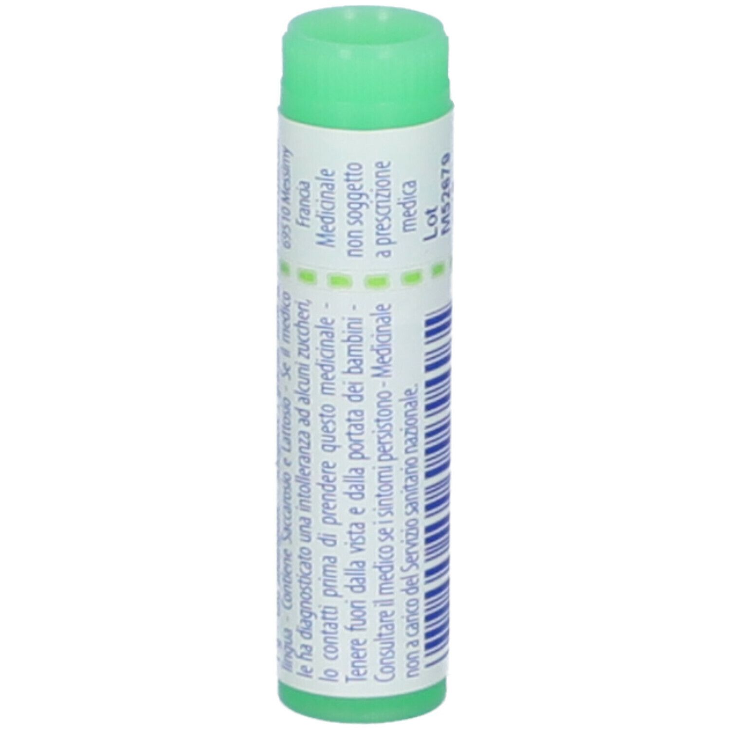 Confezione cilindrica, tappo verde. Scritta: Carbo vegetabilis, 200 ch, BOIRON, Granuli.