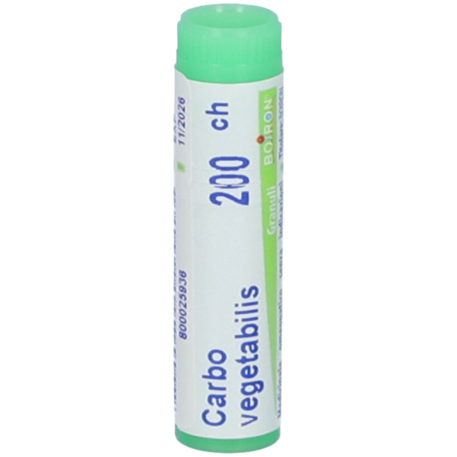 Confezione cilindrica, tappo verde. Scritta: Carbo vegetabilis, 200 ch, BOIRON, Granuli.