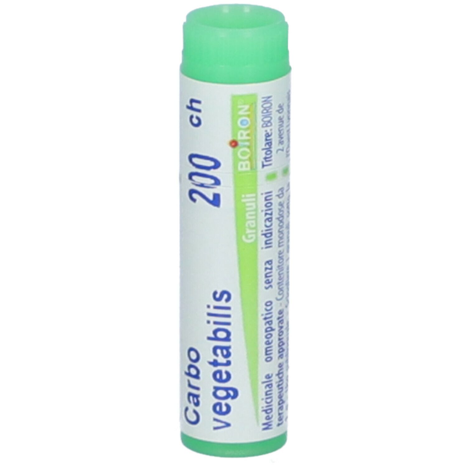 Confezione cilindrica, tappo verde. Scritta: Carbo vegetabilis, 200 ch, BOIRON, Granuli.