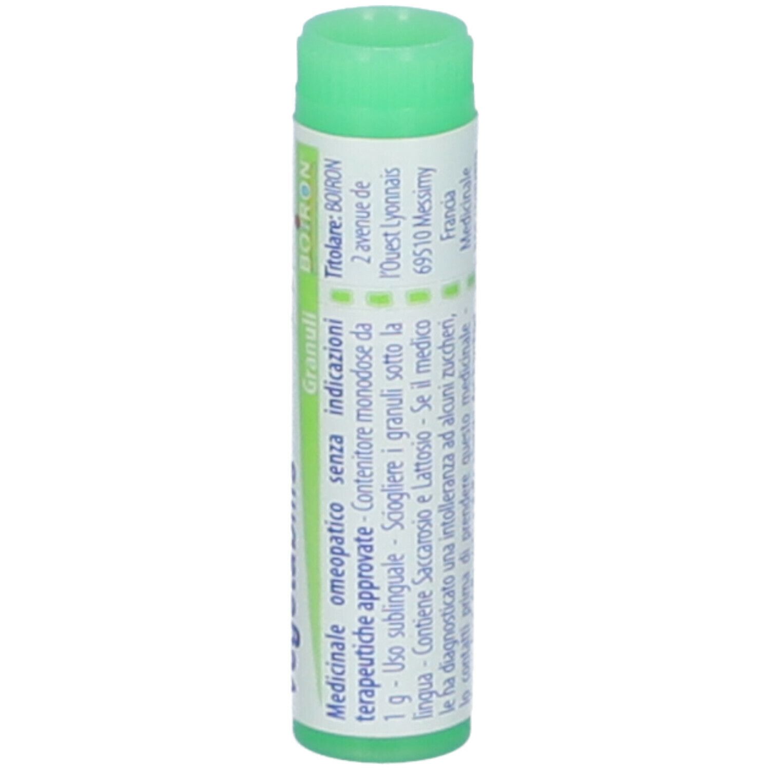 Confezione cilindrica, tappo verde. Scritta: Carbo vegetabilis, 200 ch, BOIRON, Granuli.