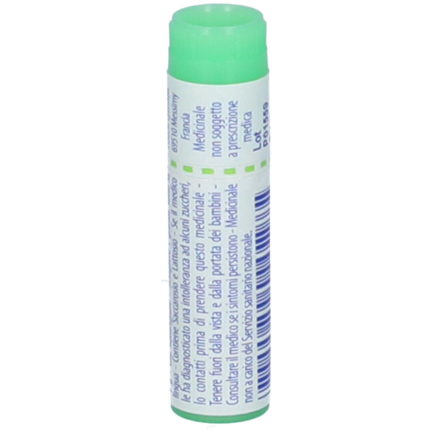 Tubo cilindrico con tappo verde. Etichetta con informazioni, tra cui ingredienti e avvertenze.
