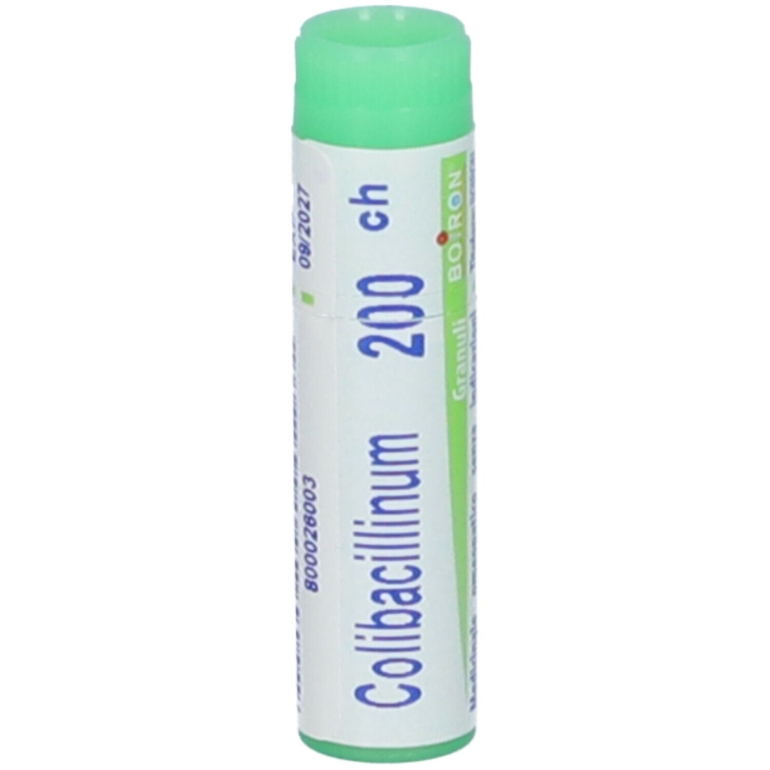 Tubo cilindrico con tappo verde. Scritta: Colibacillinum 200 ch, Granuli, Boiron. Etichetta con informazioni.