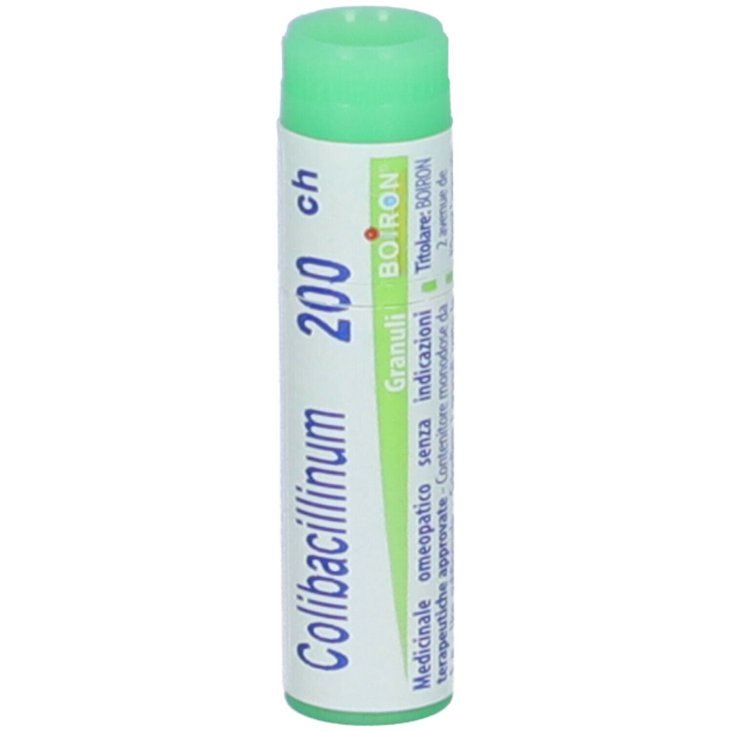 Tubo cilindrico con tappo verde. Scritta: Colibacillinum 200 ch, Granuli, Boiron. Etichetta con informazioni.
