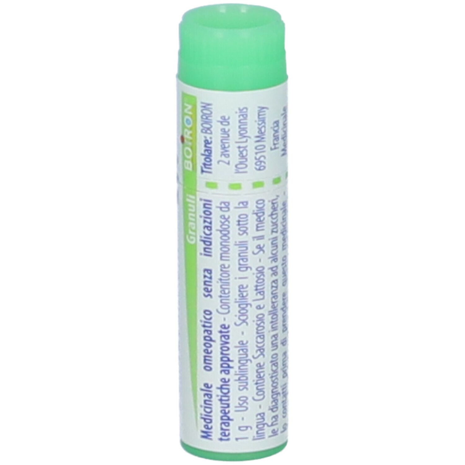Tubo cilindrico con tappo verde. Etichetta con informazioni, tra cui indirizzo del produttore.