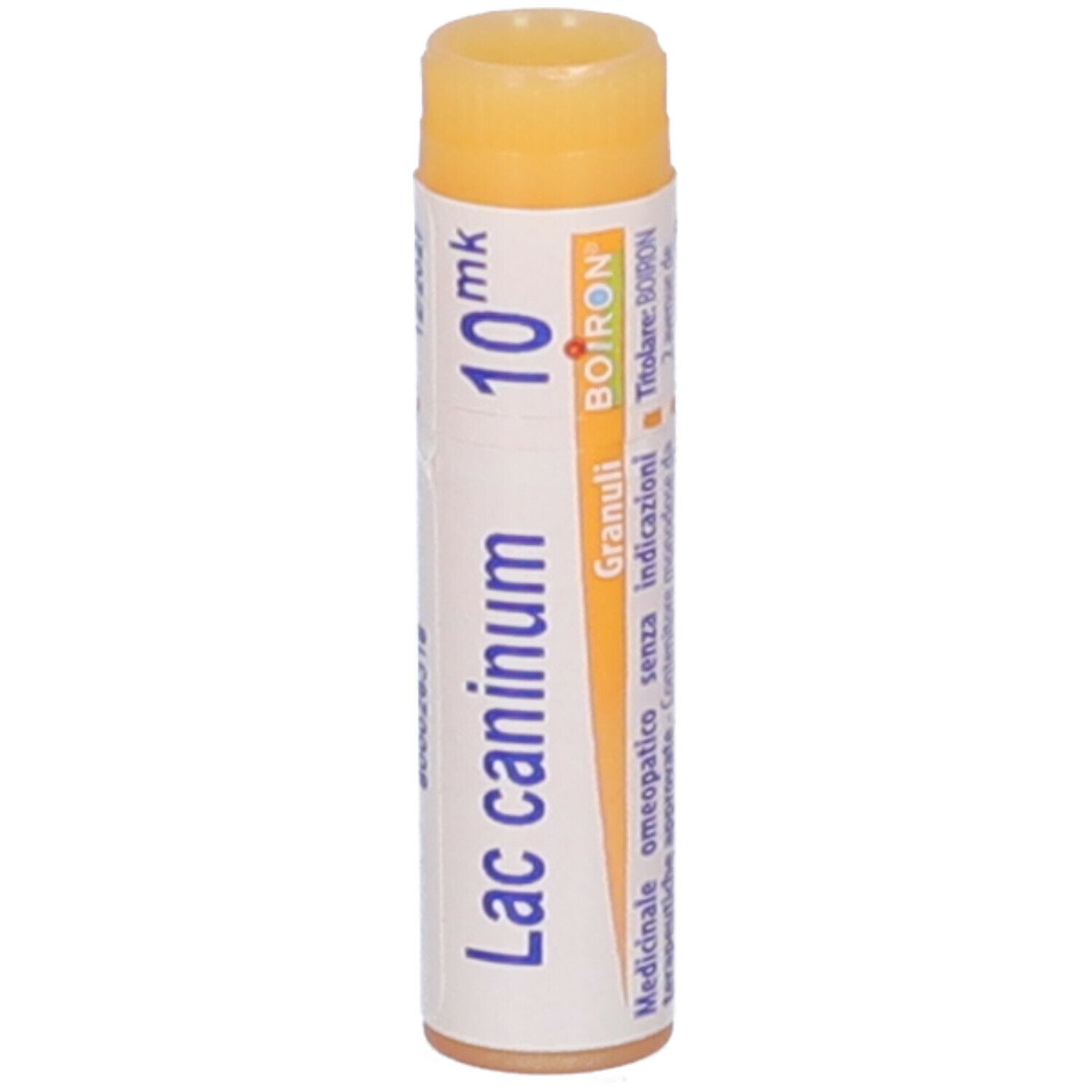 Confezione cilindrica Lac caninum 10 mk. Parte superiore arancione, parte bianca con testo e marchio Boiron. Granuli.