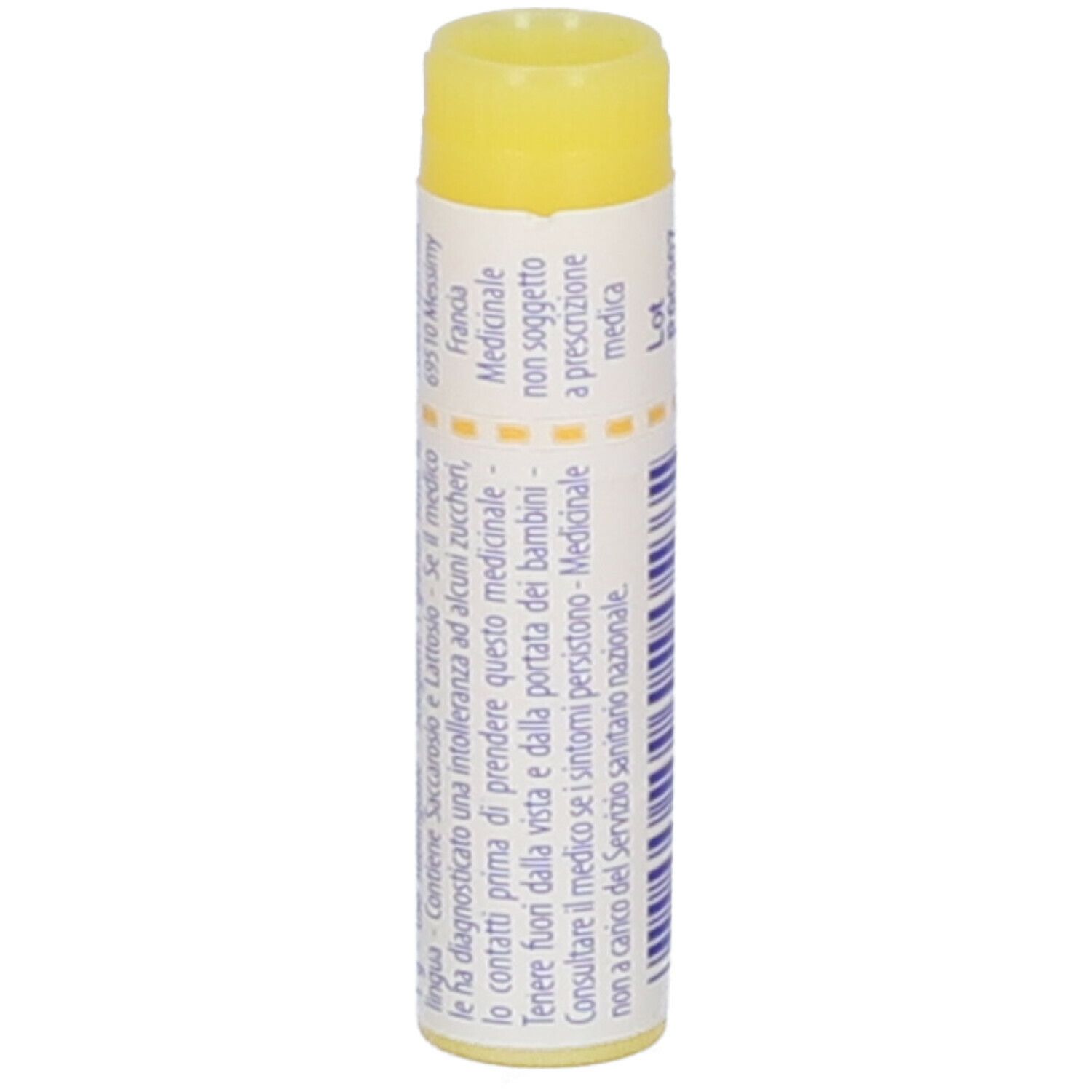 Confezione cilindrica con tappo giallo. Scritta: Lachesis mutus, 1 mk. Informazioni e avvertenze aggiuntive.