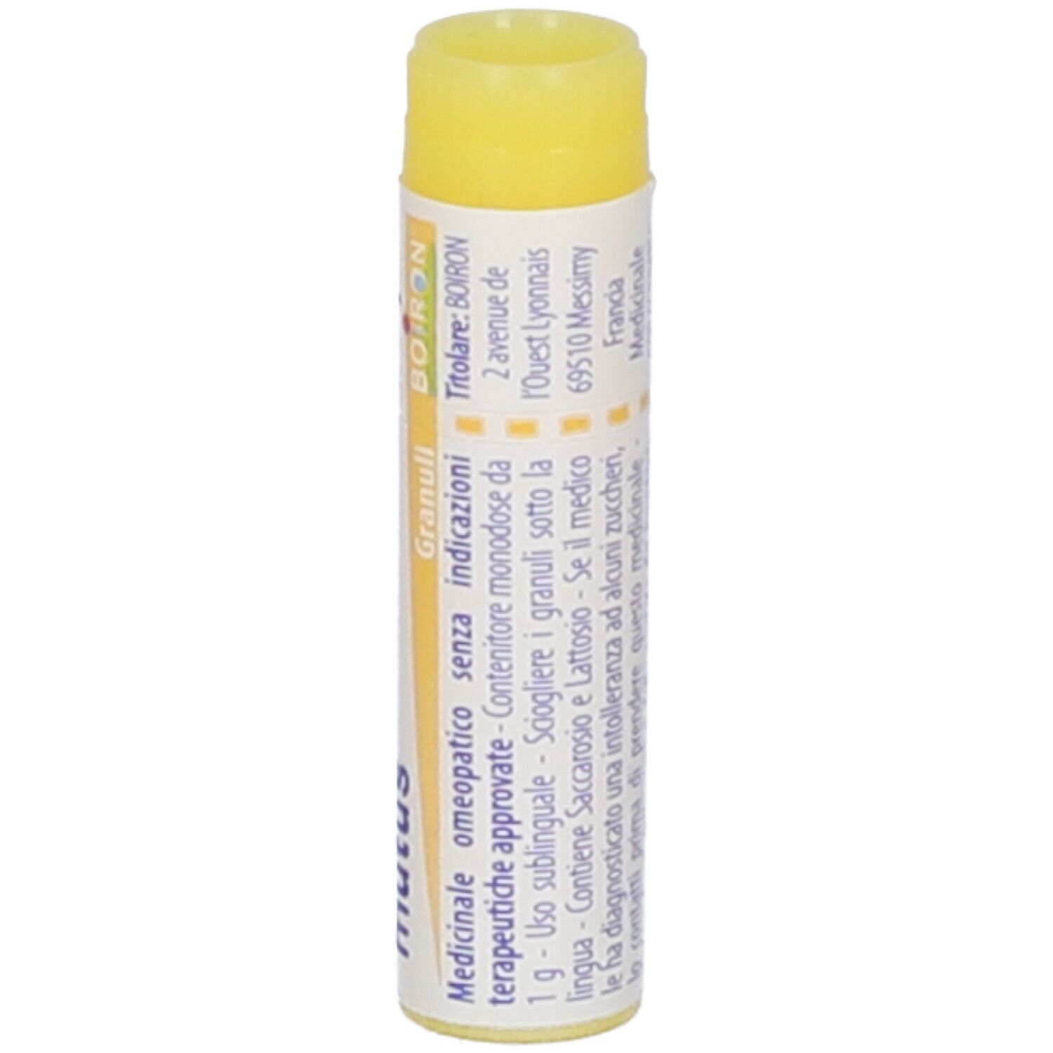 Confezione cilindrica con tappo giallo. Scritta: Lachesis mutus, 1 mk, Granuli, Boiron. Ulteriori informazioni.