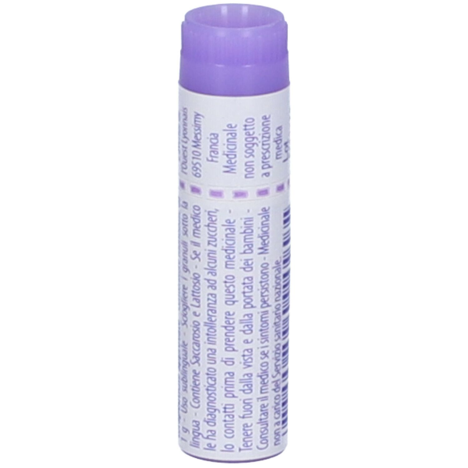 Tubo bianco Luesinum 30 ch Globuli. Scritta: Luesinum, 30 ch, EXP 09/2026, Boiron. Tappo viola.