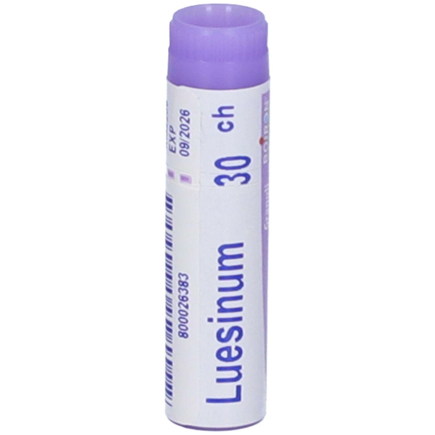 Tubo bianco Luesinum 30 ch Globuli. Scritta: Luesinum, 30 ch, EXP 09/2026, Boiron. Tappo viola.
