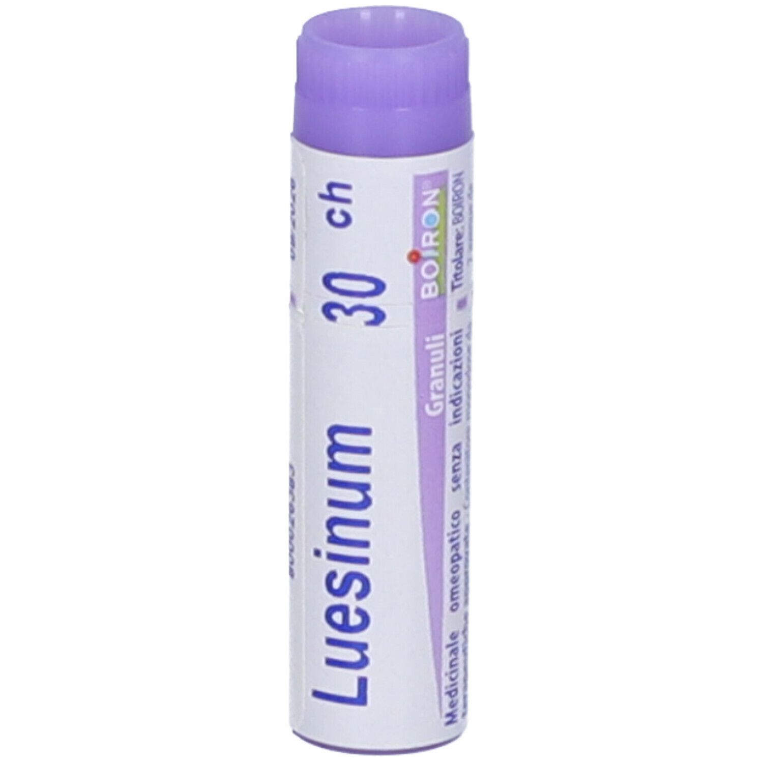 Tubo bianco Luesinum 30 ch Globuli. Scritta: Luesinum, 30 ch, EXP 09/2026, Boiron. Tappo viola.