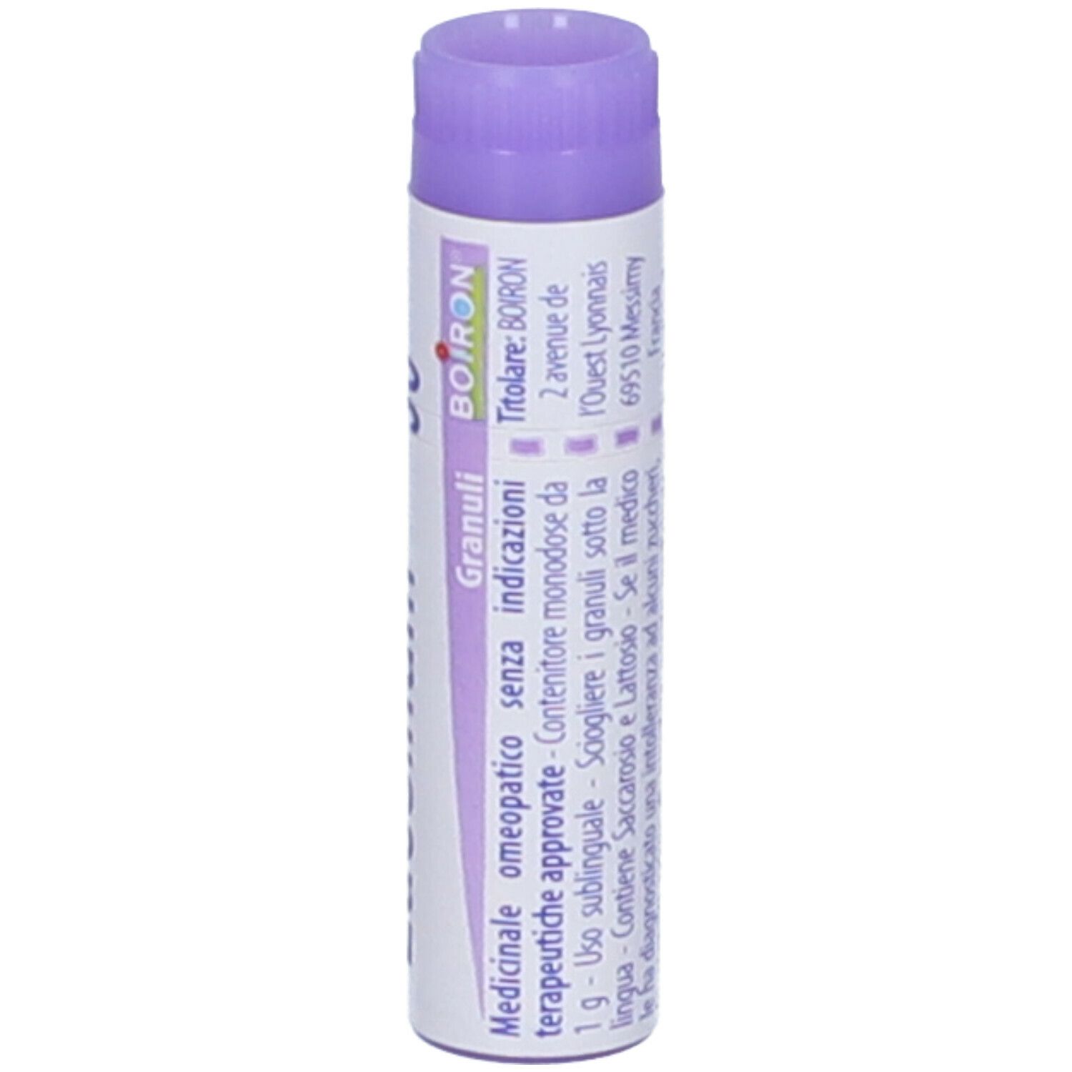 Tubo bianco Luesinum 30 ch Globuli. Scritta: Luesinum, 30 ch, EXP 09/2026, Boiron. Tappo viola.