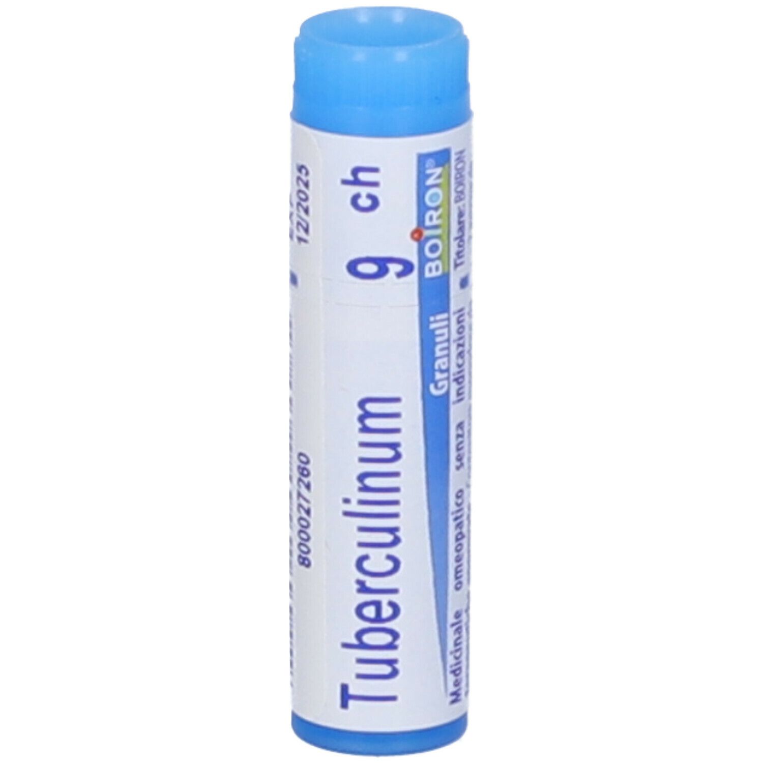 Confezione cilindrica con tappo blu. Scritta: Tubercolinum 9 ch, 12/2025, BOIRON.