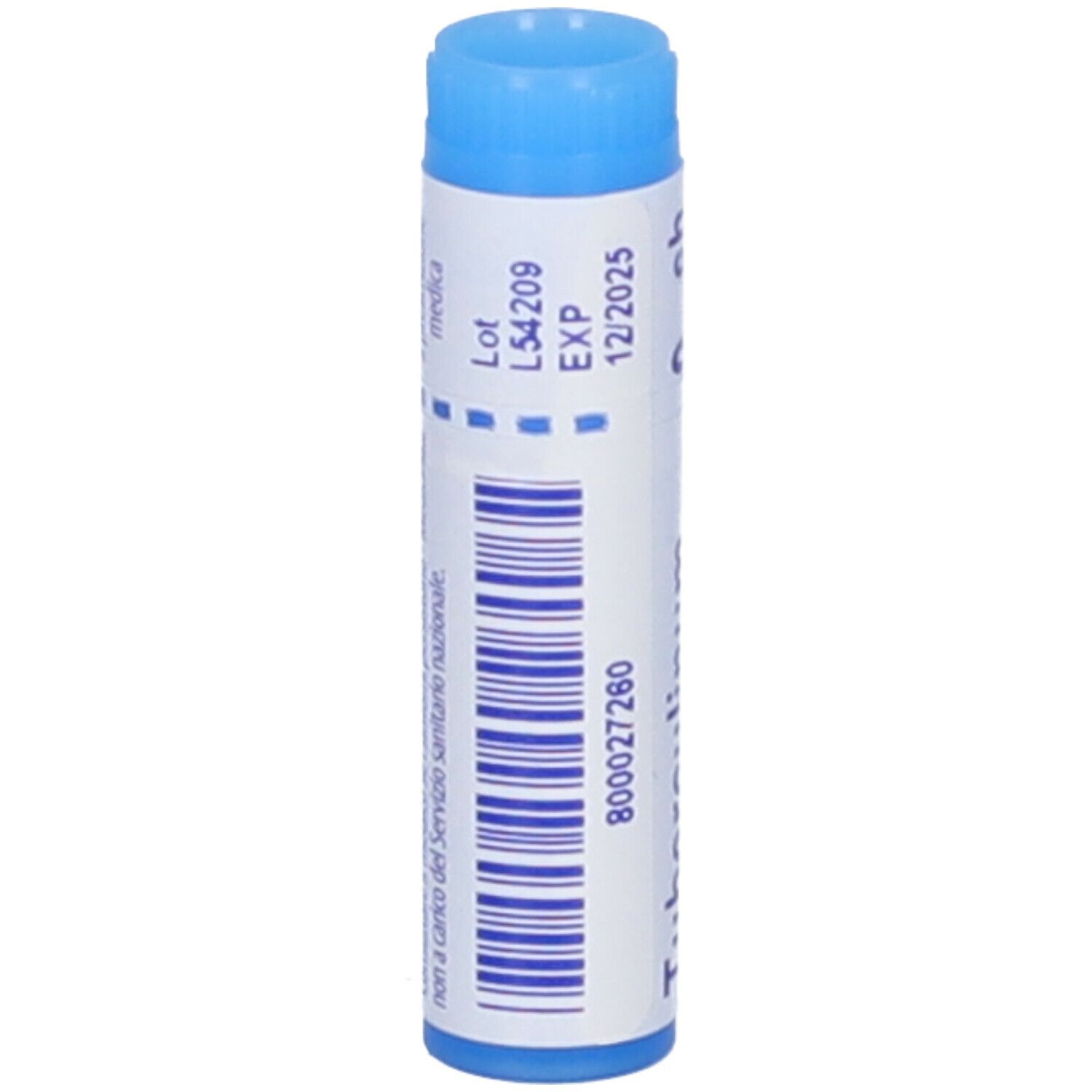 Confezione cilindrica con tappo blu. Codice a barre e testo. Scritta: 12/2025.