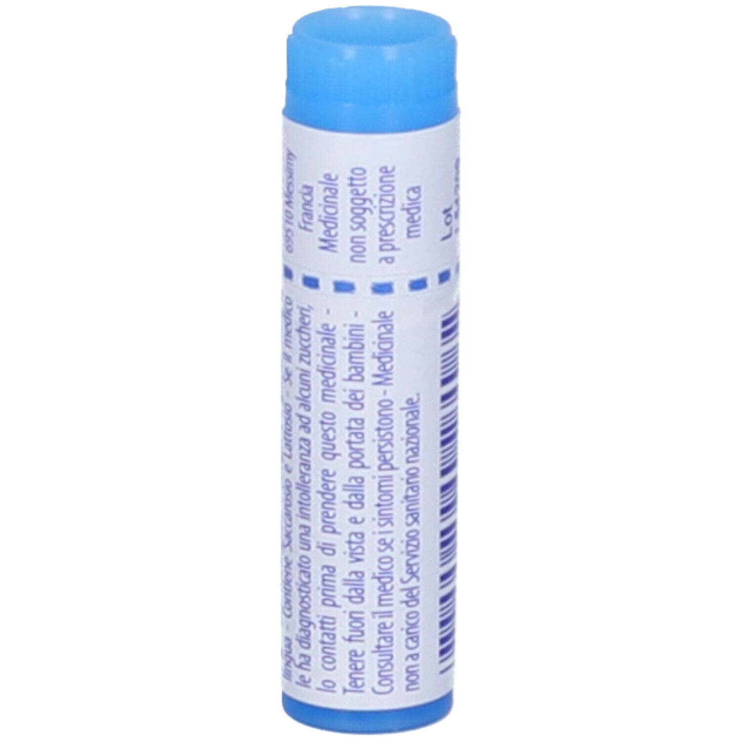 Confezione cilindrica con tappo blu. Testo in italiano.