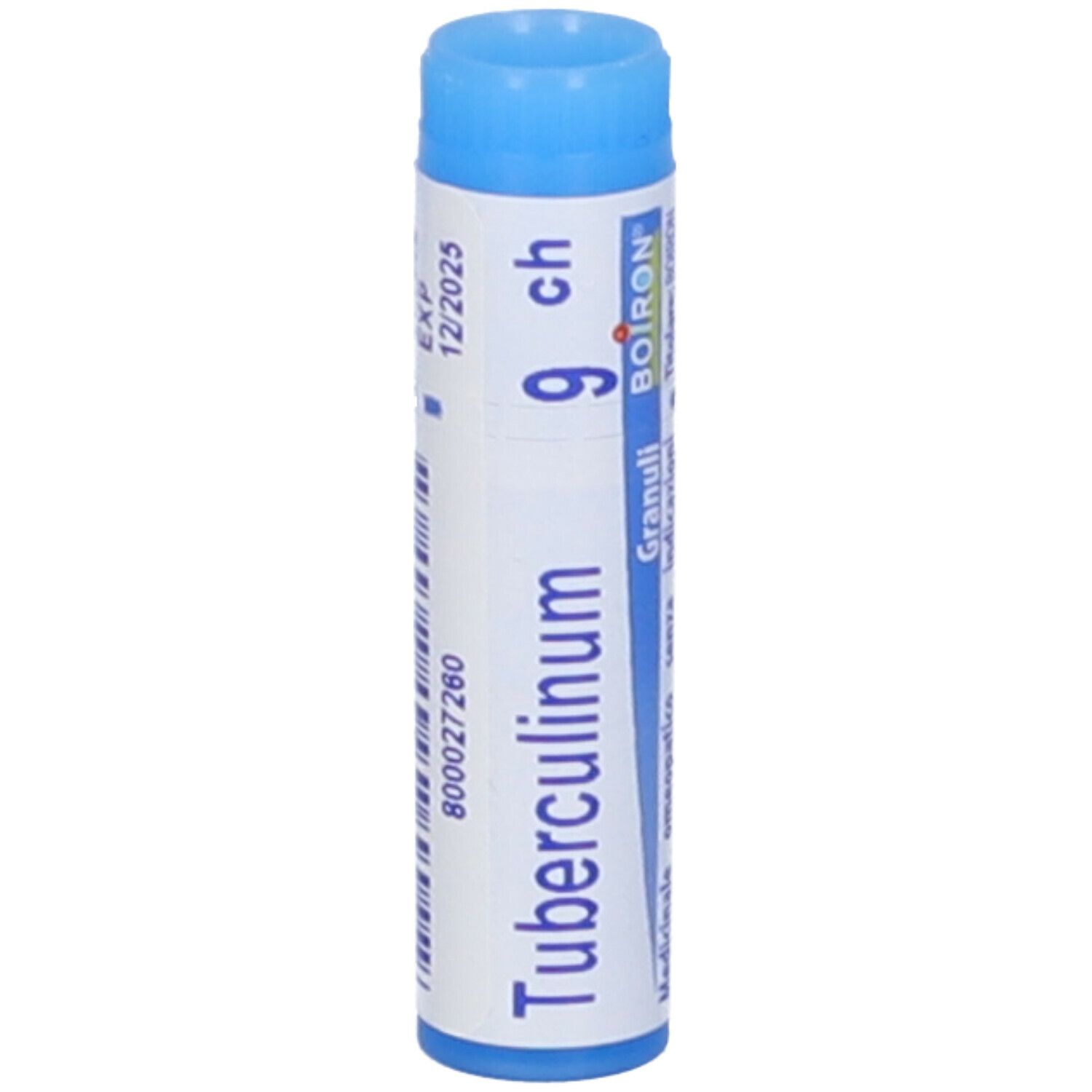 Confezione cilindrica con tappo blu. Scritta: Tubercolinum 9 ch, 12/2025, BOIRON.