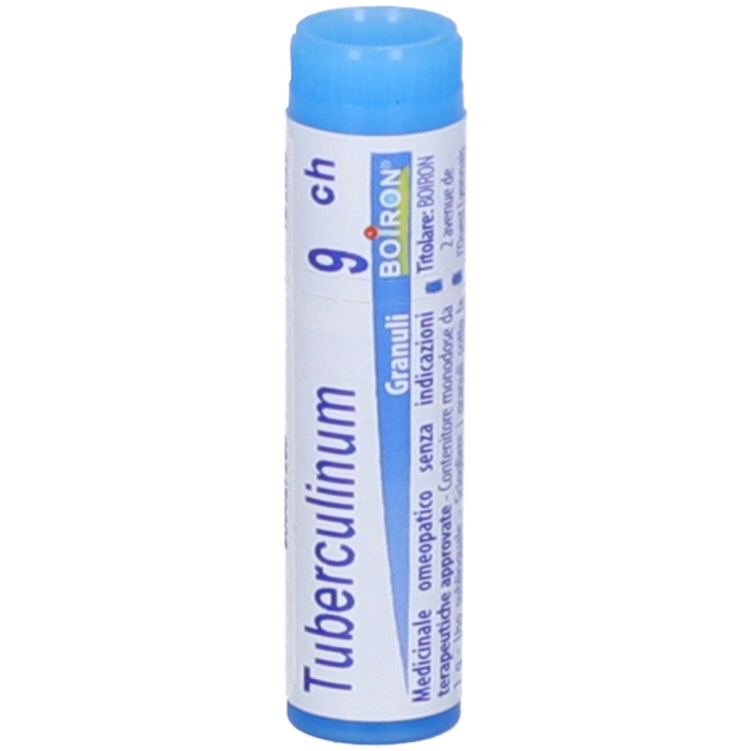 Confezione cilindrica con tappo blu. Scritta: Tubercolinum 9 ch, BOIRON.