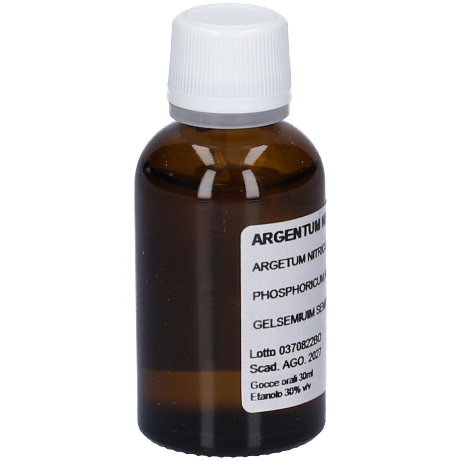 Flacone di vetro marrone con tappo bianco. Etichetta con nome del prodotto e ingredienti. Testo: Argentum Nitricum HP Linda's.