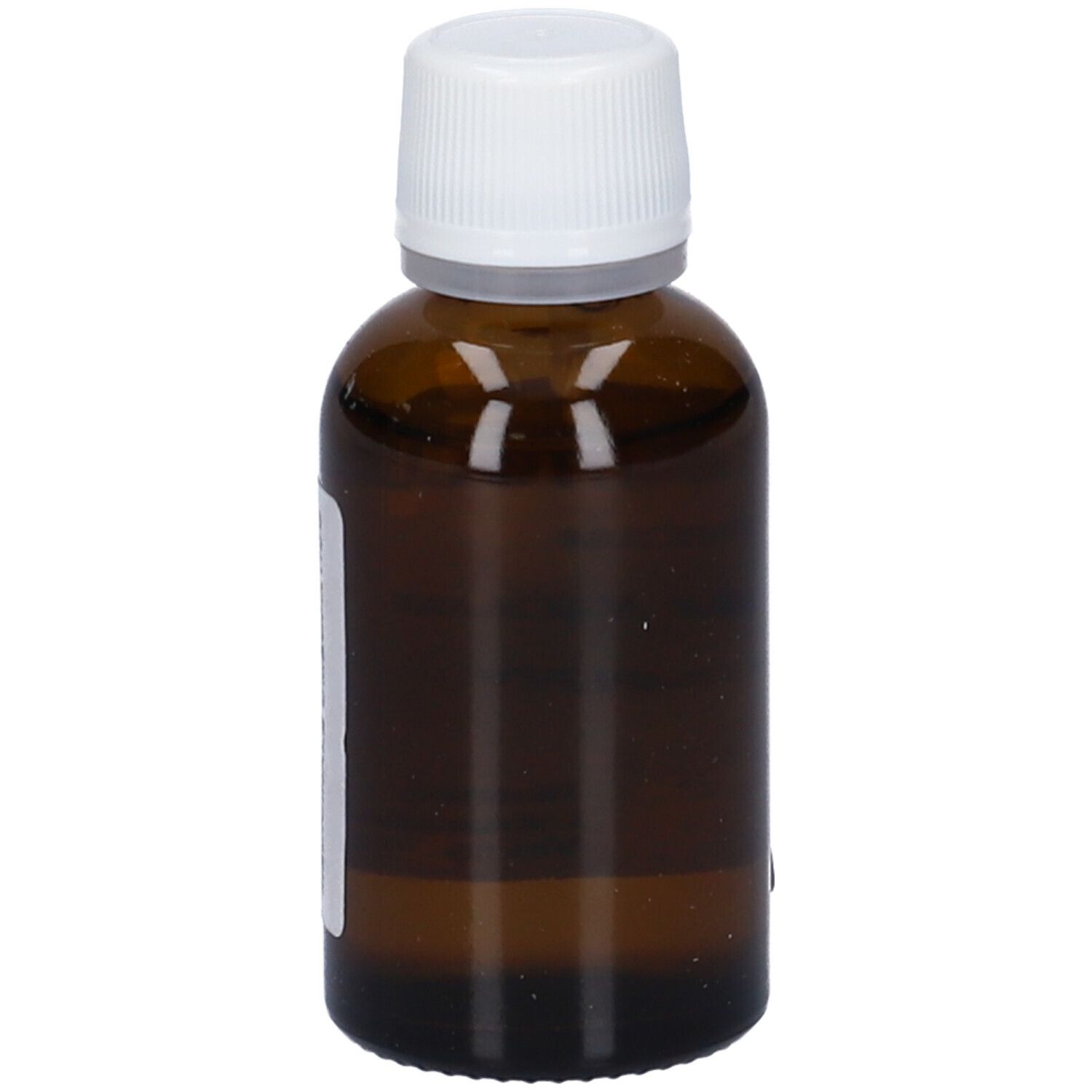 Flacone di vetro marrone con tappo bianco. Etichetta con informazioni sul prodotto. Nessun'altra descrizione.