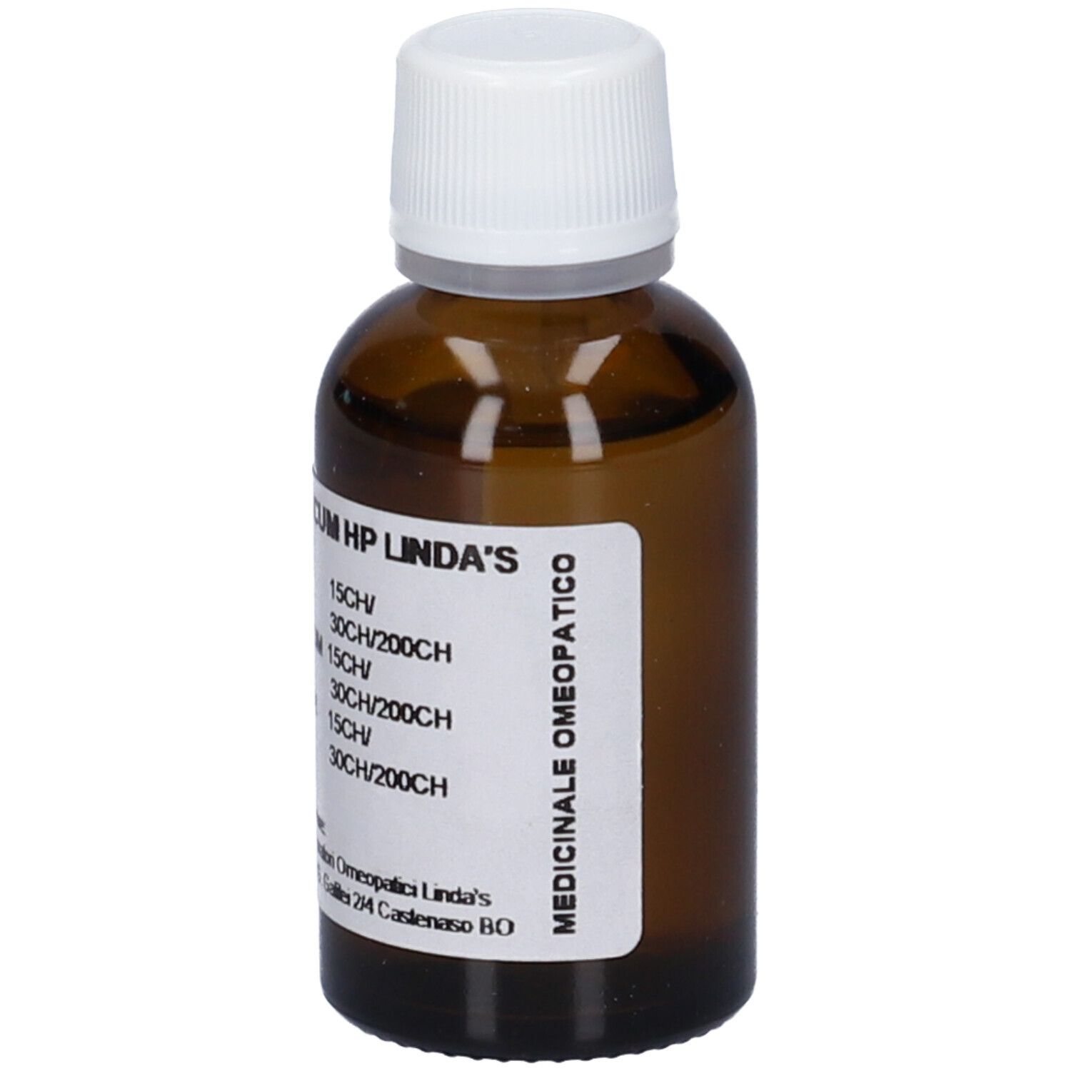 Flacone di vetro marrone con tappo bianco. Etichetta con nome del prodotto e ingredienti. Testo: Medicinale Omeopatico.