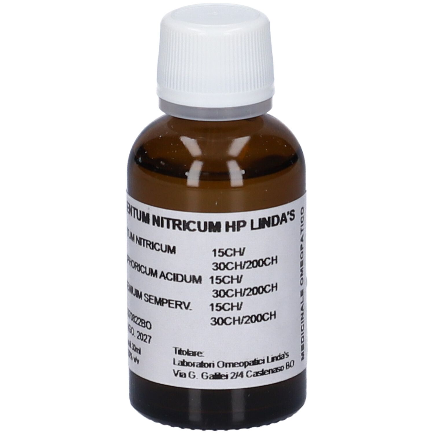 Flacone di vetro marrone con tappo bianco. Etichetta con nome del prodotto e ingredienti. Testo: Argentum Nitricum HP Linda's.