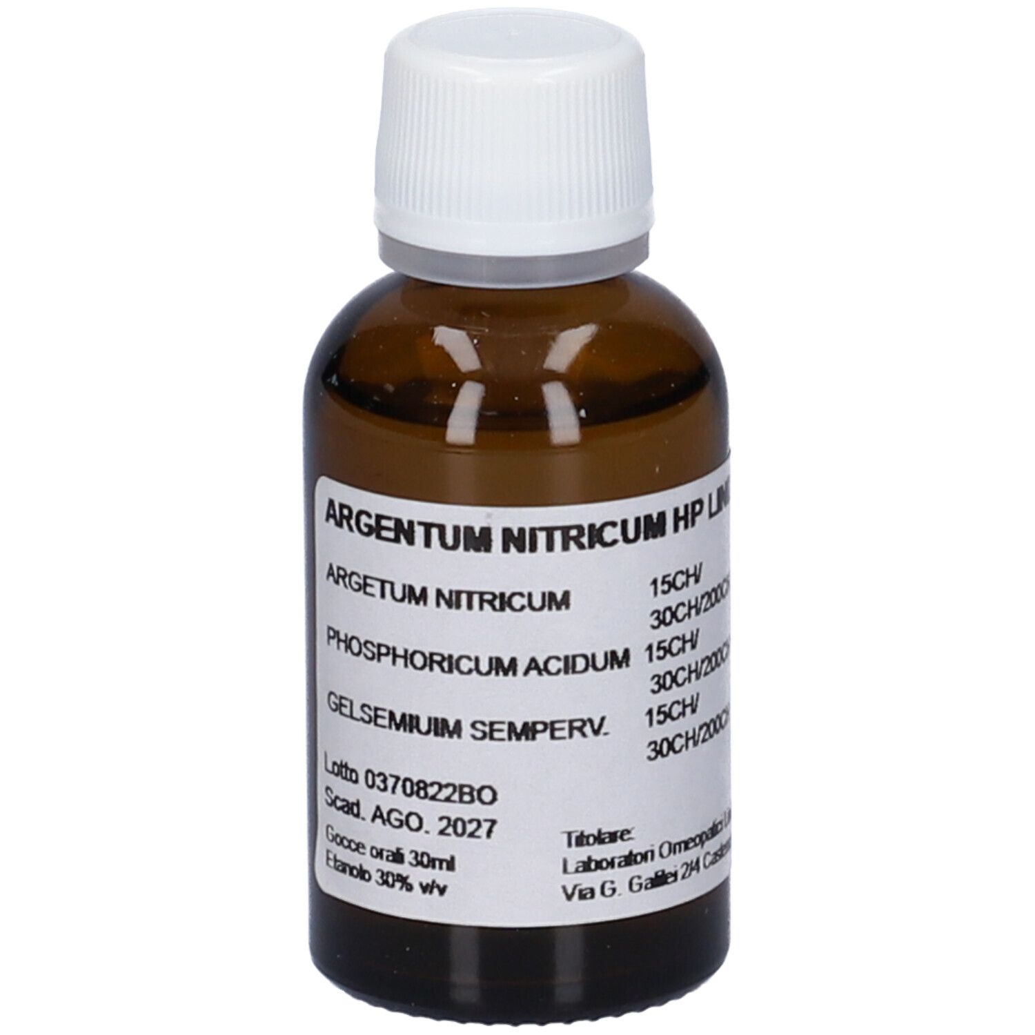 Flacone di vetro marrone con tappo bianco. Etichetta con nome del prodotto e ingredienti. Testo: Argentum Nitricum HP Linda's.