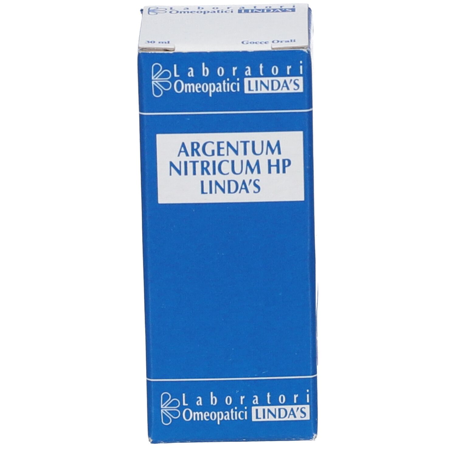 Scatola blu con scritta bianca: Argentum Nitricum HP Linda's. Logo: Laboratori Omeopatici Linda's.