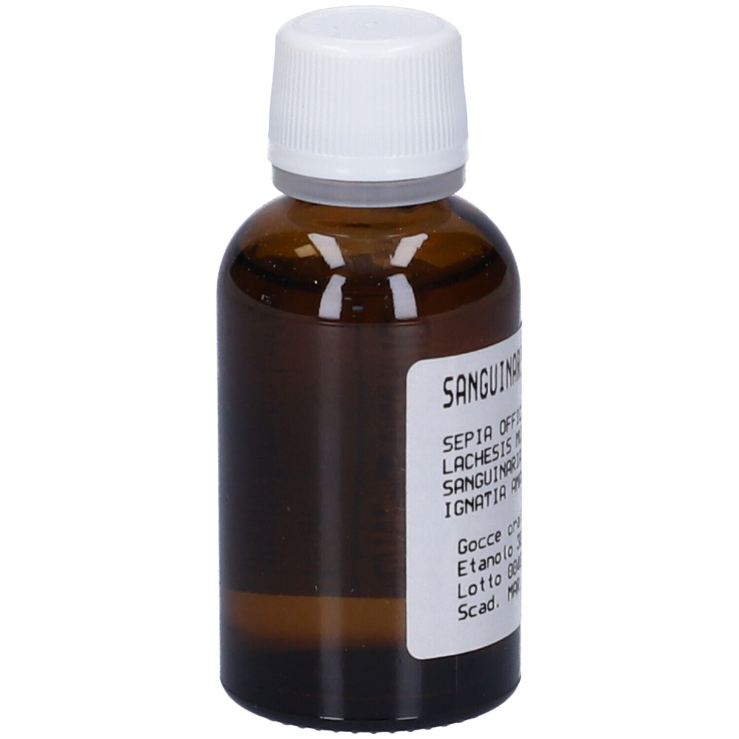 Flacone di vetro marrone con tappo bianco. Etichetta con nome del prodotto e ingredienti. Liquido visibile.