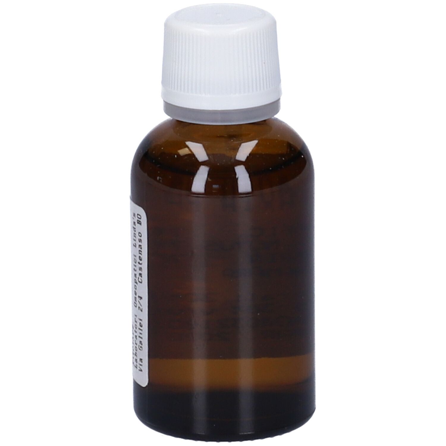 Flacone di vetro marrone con tappo bianco. Etichetta con nome del prodotto e ingredienti. Liquido visibile.