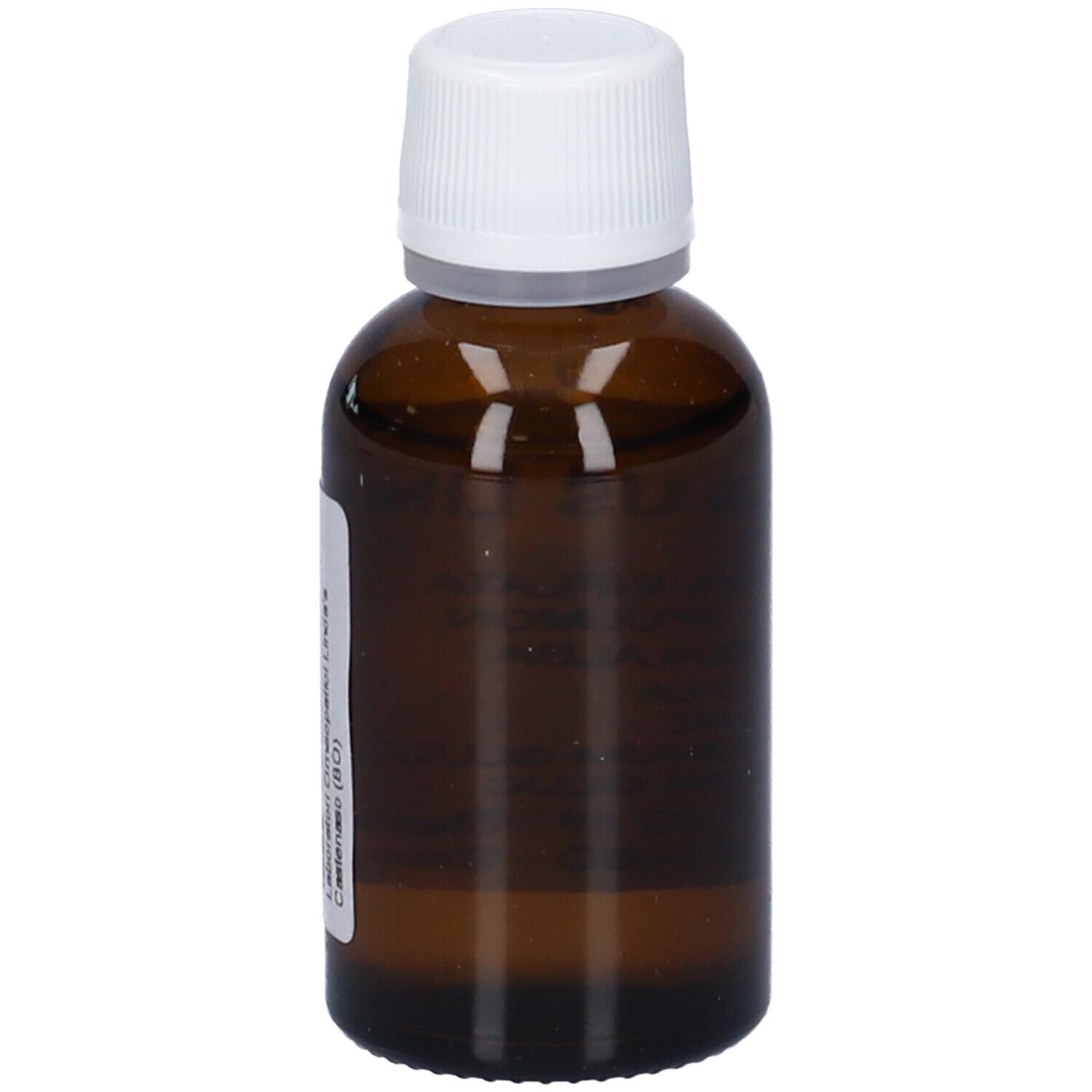 Flacone in vetro marrone con tappo a vite bianco ed etichetta. Contiene un liquido.