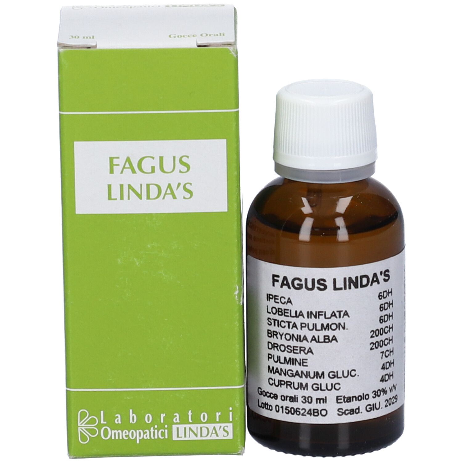 Flacone gocce Fagus Linda's con etichetta e scatola.
