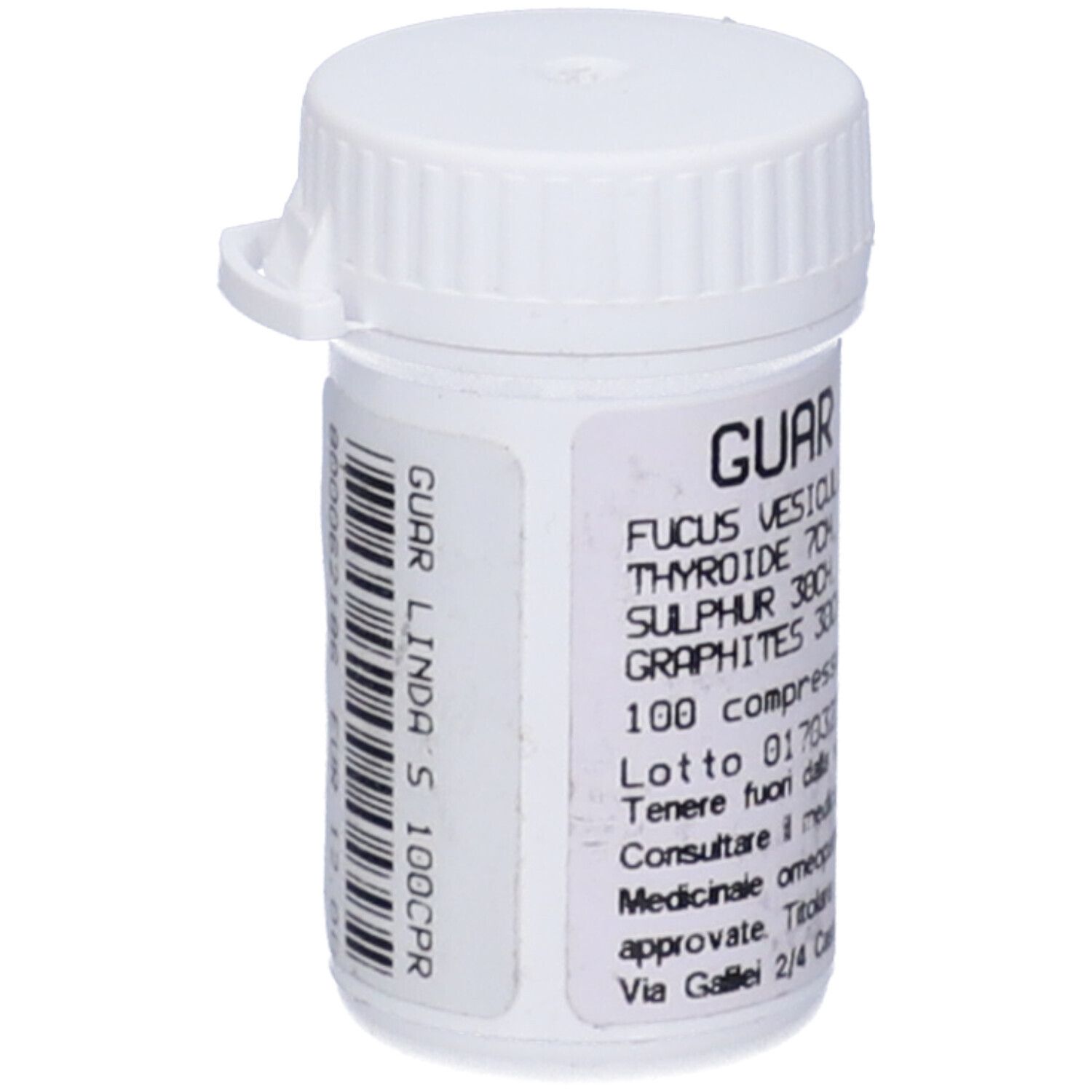 Flacone bianco di compresse GUAR LINDA S 100CPR con codice a barre. 100 compresse.
