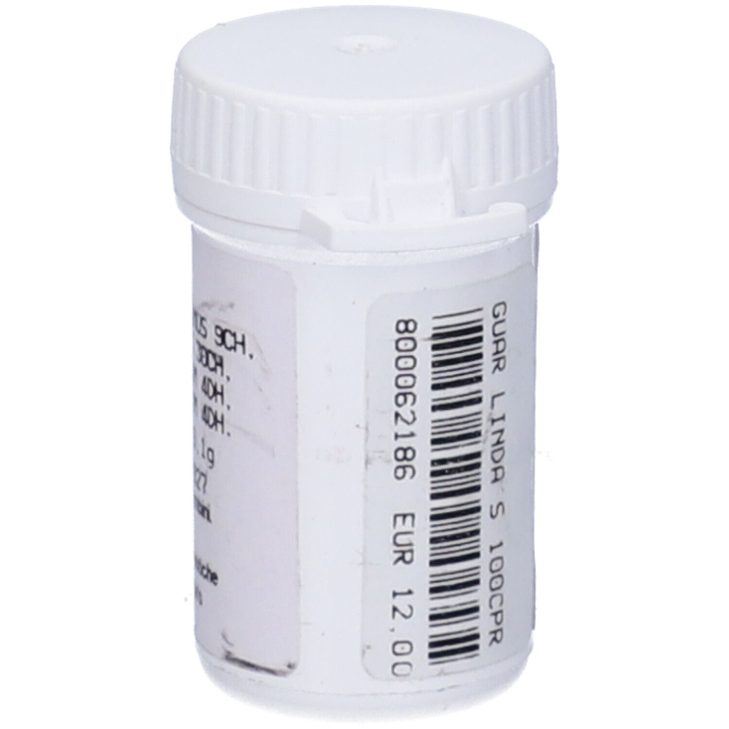 Flacone di compresse GUAR LINDA'S S 100CPR con codice a barre e prezzo di 12,00 EUR.