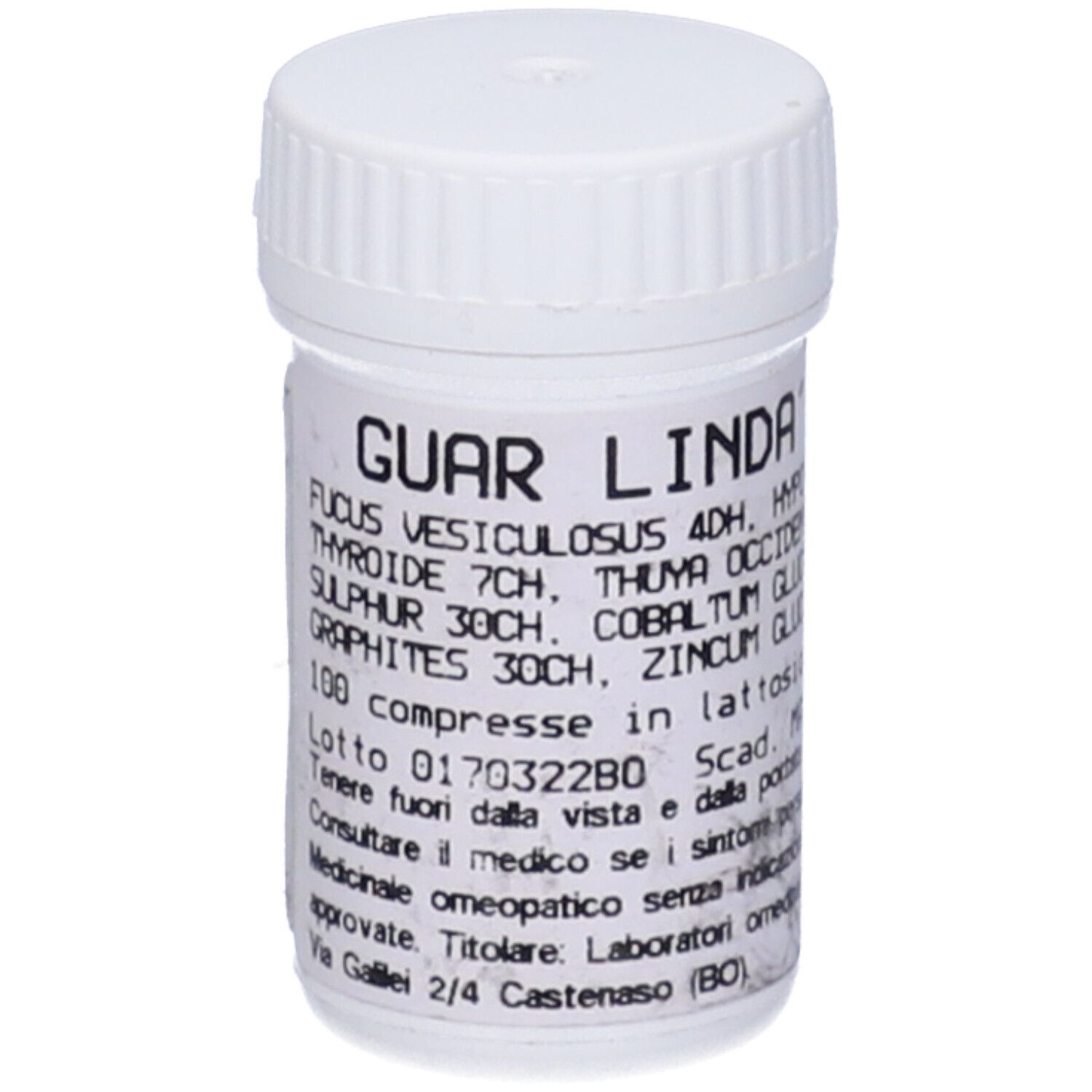 Flacone bianco di compresse GUAR LINDA'S. Etichetta con ingredienti e informazioni. 100 compresse.