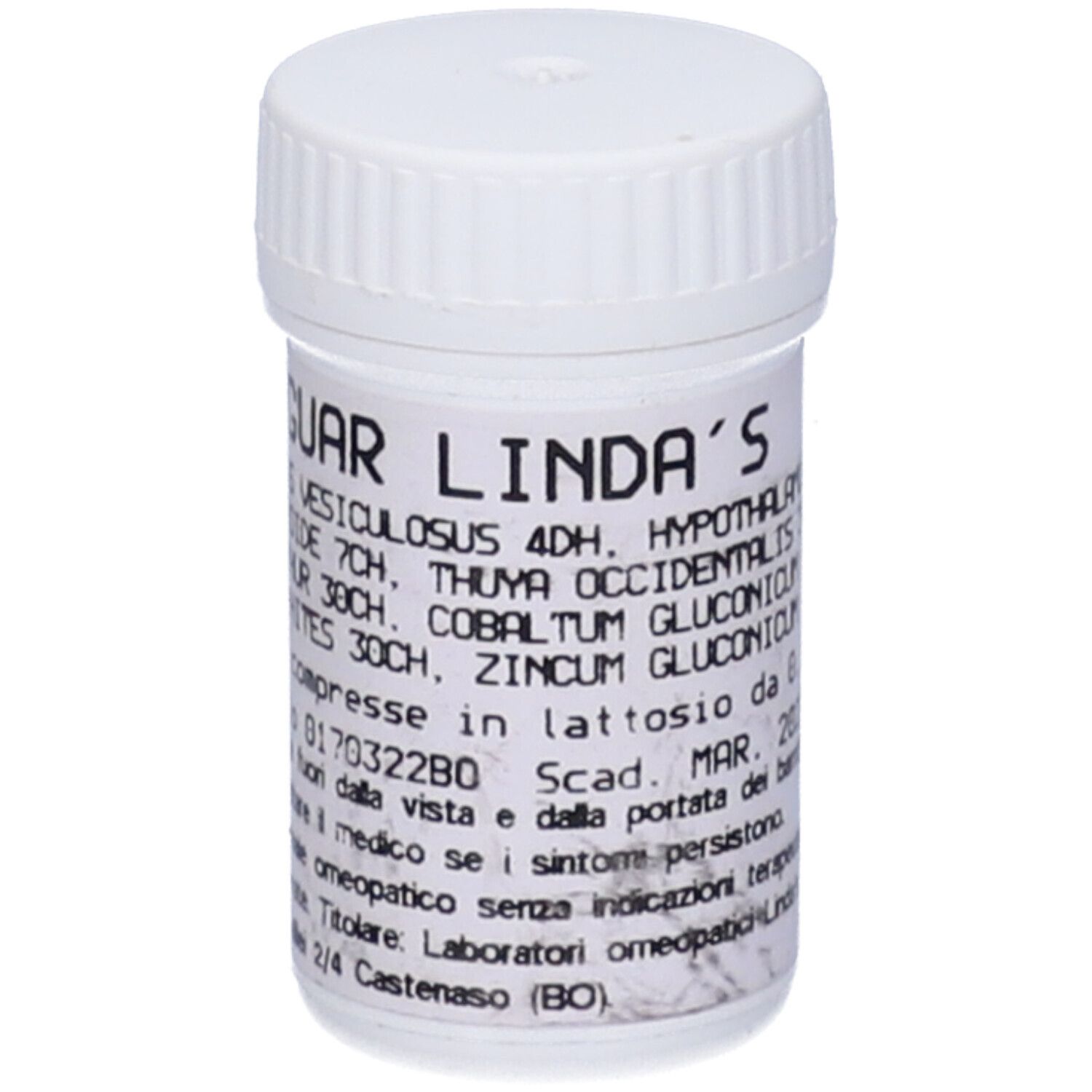 Flacone bianco di compresse GUAR LINDA'S. Etichetta con ingredienti e informazioni. 100 compresse.