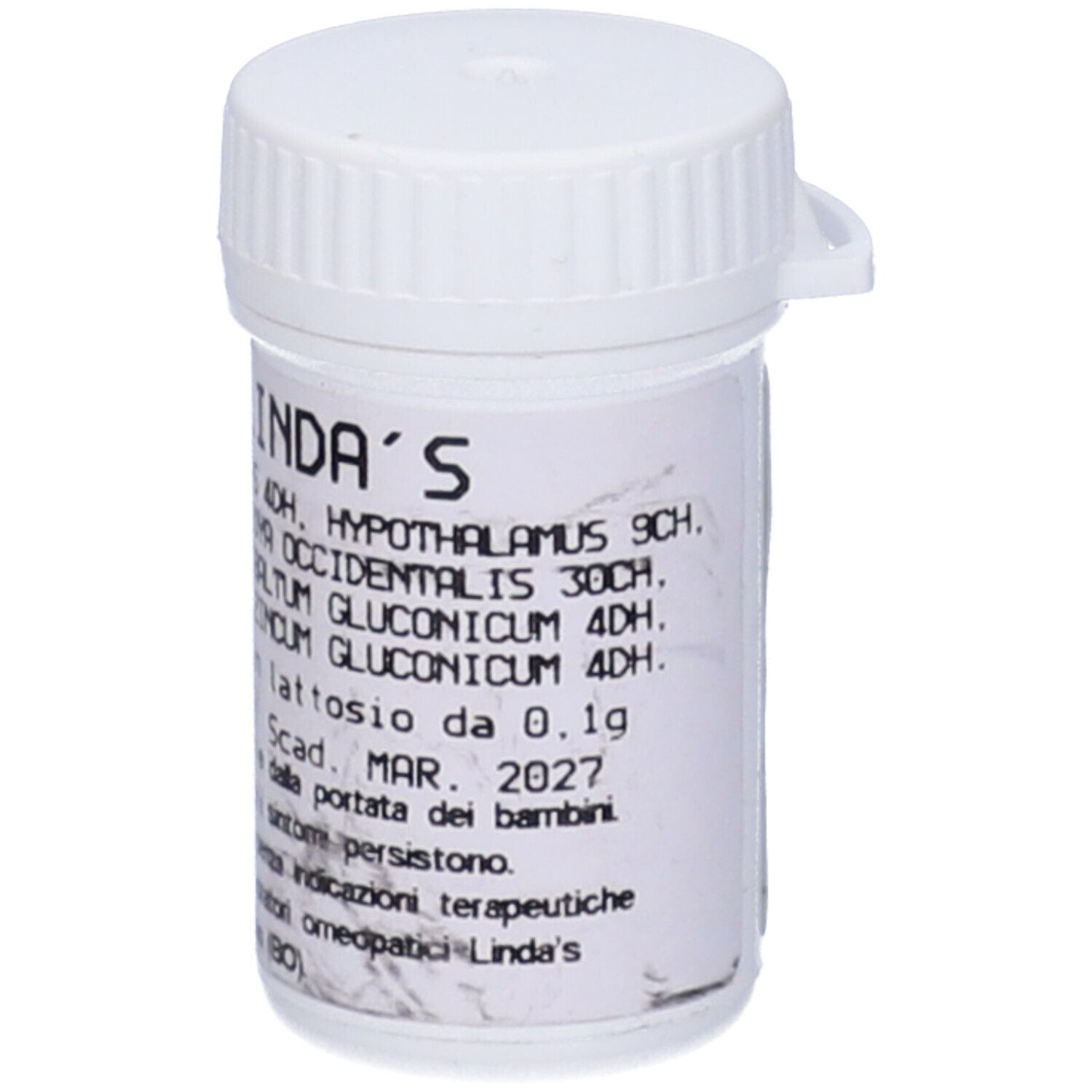 Flacone di compresse con scritte LINDA'S e informazioni. Scadenza marzo 2027.
