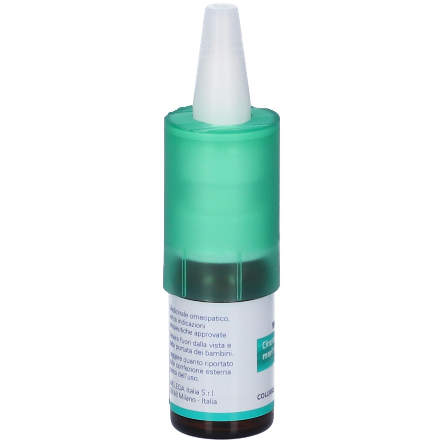 Flacone di collirio con tappo verde. Scritta: Cineraria maritima D3. Testo in italiano. Marchio: WELEDA.