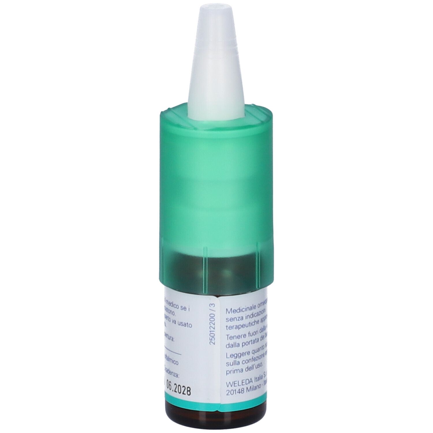 Flacone di collirio con tappo verde. Scritta: Cineraria maritima D3. Testo in italiano. Marchio: WELEDA. Data di scadenza.