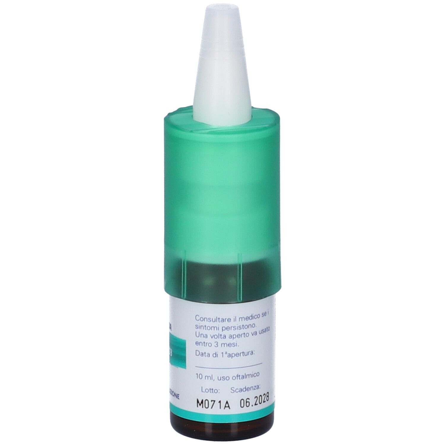 Flacone di collirio con tappo verde. Scritta: Cineraria maritima D3. Testo in italiano. Marchio: WELEDA. Numero di lotto e data di scadenza.