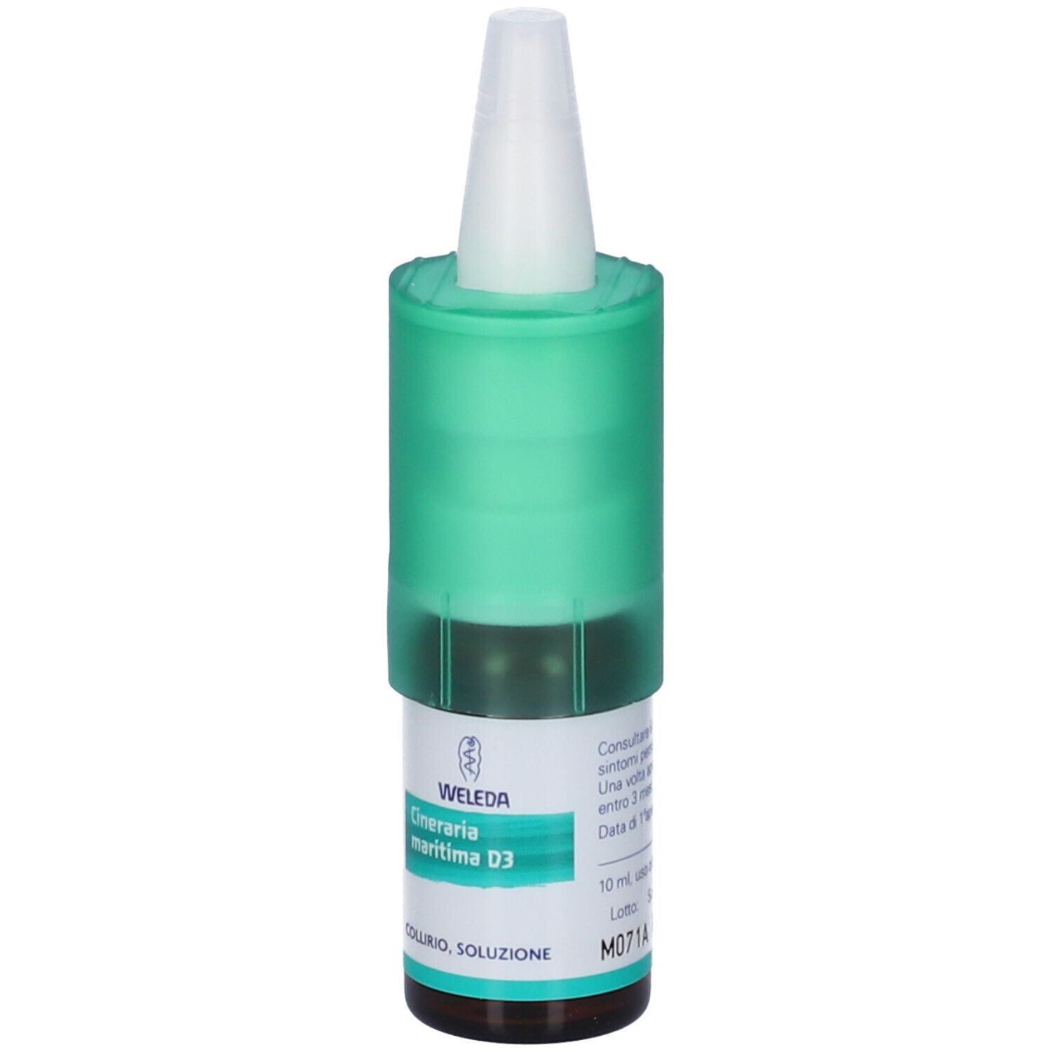 Flacone di collirio con tappo verde. Scritta: Cineraria maritima D3, Collirio, soluzione. Marchio: WELEDA. 10 ml.