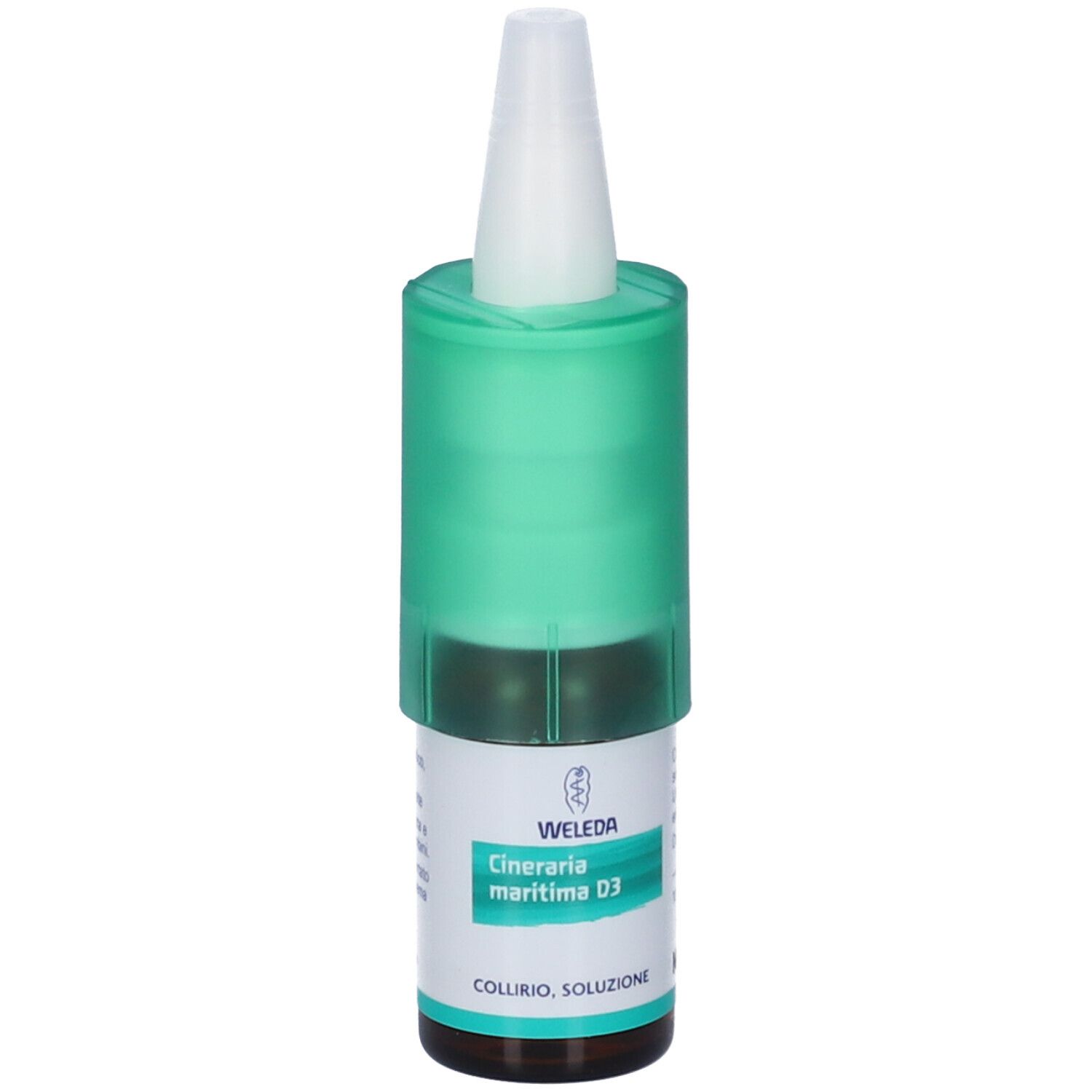 Flacone di collirio con tappo verde. Scritta: Cineraria maritima D3, Collirio, soluzione. Marchio: WELEDA.