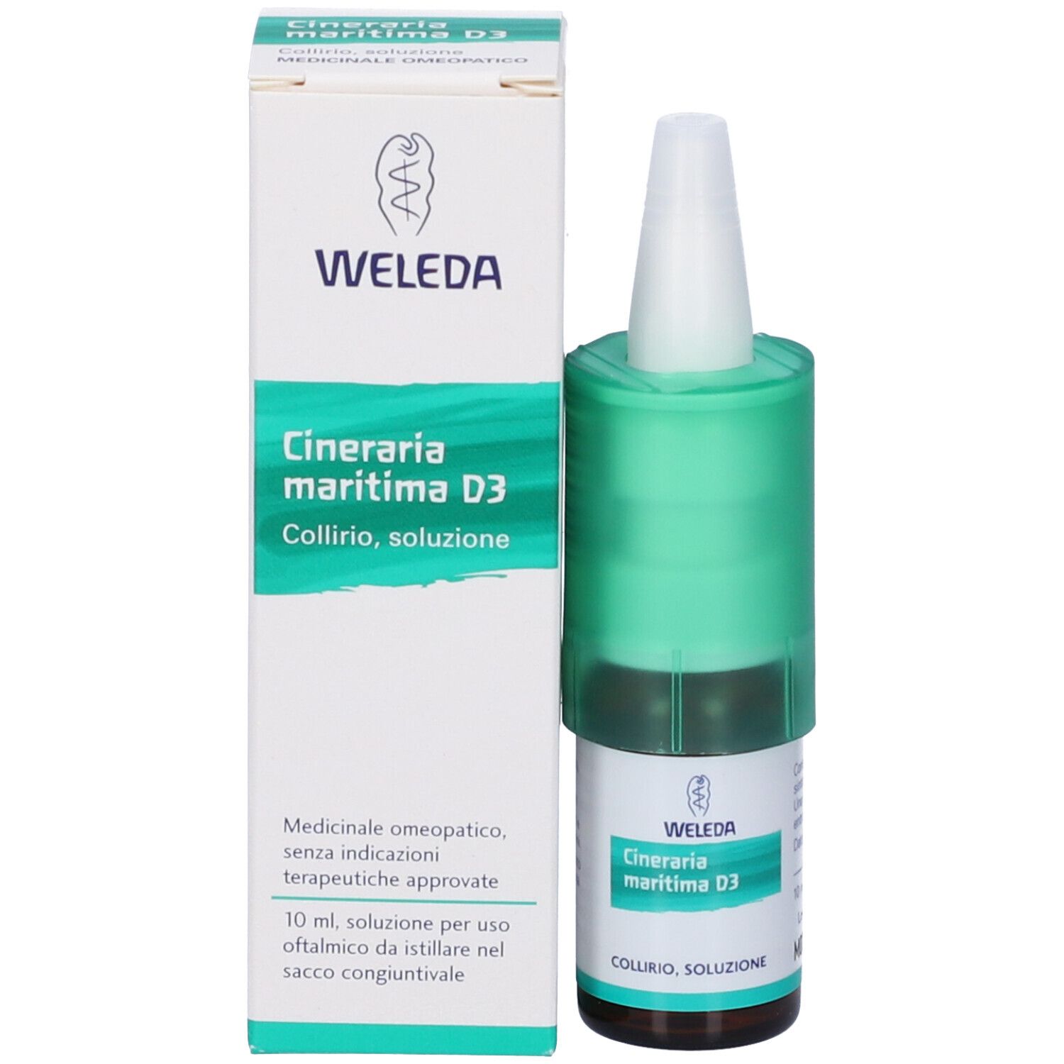 Confezione del prodotto e flacone di collirio. Scritta: Cineraria maritima D3, Collirio, soluzione. Marchio: WELEDA.