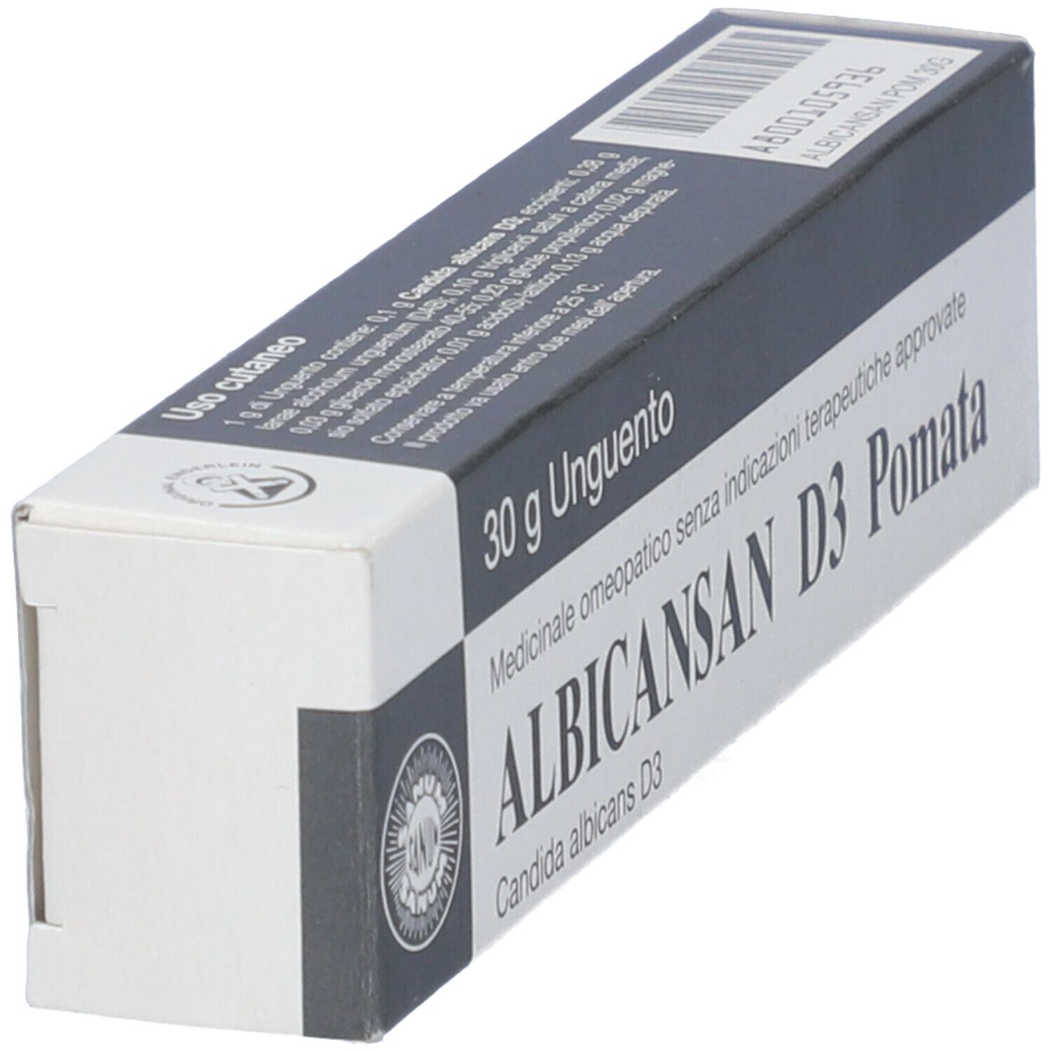 Scatola in diagonale. Parte superiore grigia, parte inferiore bianca. Testo: ALBICANSAN D3 Pomata. Designazione del prodotto visibile.