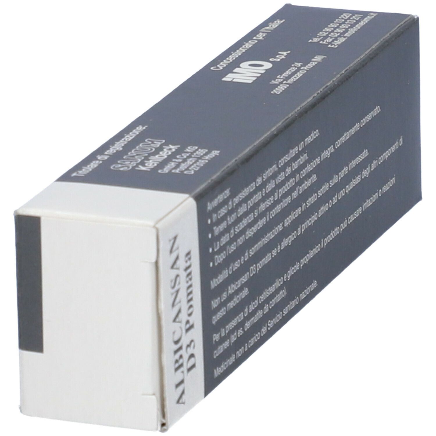 Scatola in diagonale. Parte superiore grigia, parte inferiore bianca. Testo: ALBICANSAN D3 Pomata. Designazione del prodotto visibile.