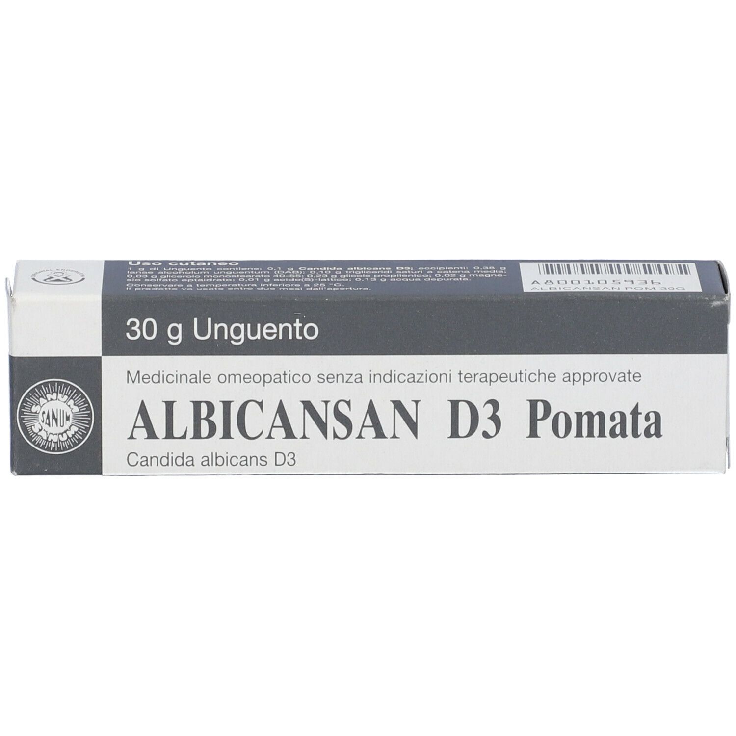 Scatola con nome e designazione del prodotto. Parte superiore grigia, parte inferiore bianca. Testo: ALBICANSAN D3 Pomata.