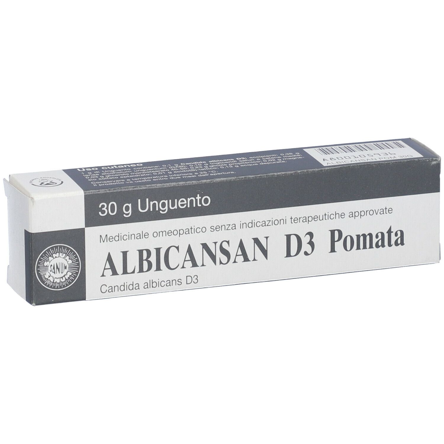 Scatola con nome e designazione del prodotto. Parte superiore grigia, parte inferiore bianca. Testo: ALBICANSAN D3 Pomata.