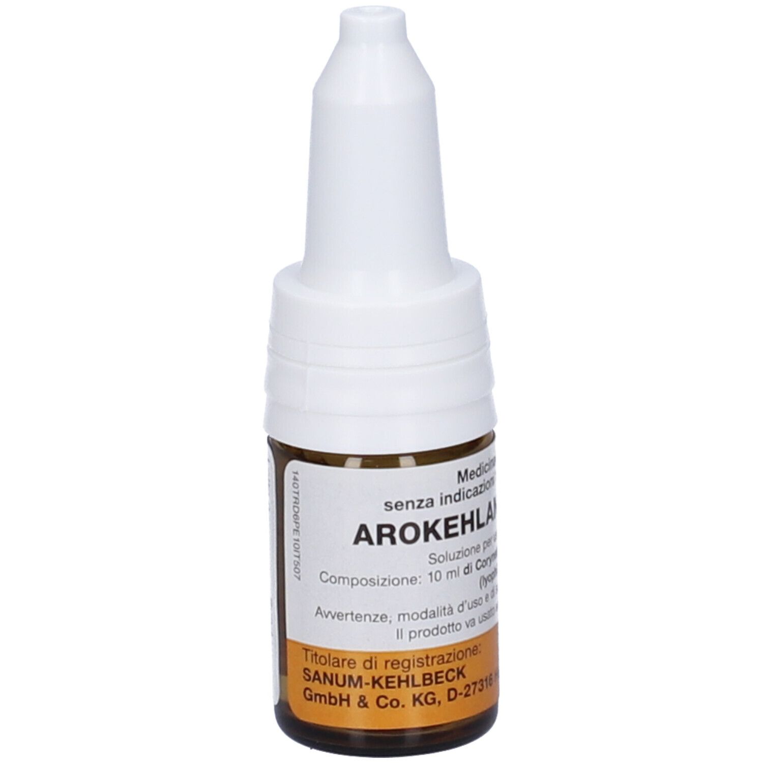 Flacone di vetro marrone con contagocce bianco. Scritta: Arokehlan. Etichetta con testo. Produttore: Sanum-Kehlbeck.